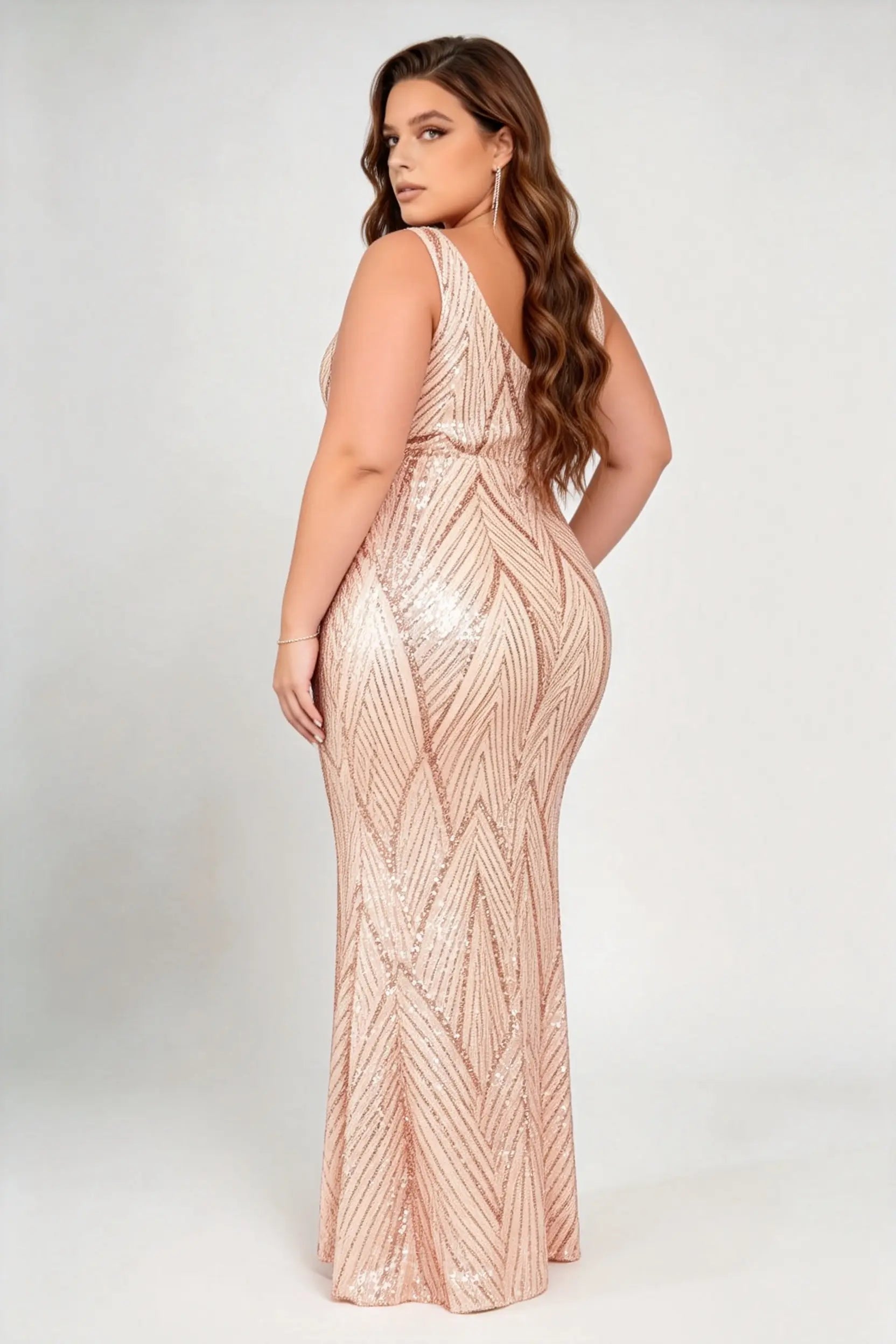 Plus Size Sleeveless U Neck Geometric & Floral Sequin Mermaid Floor Length Formal Evening Dress