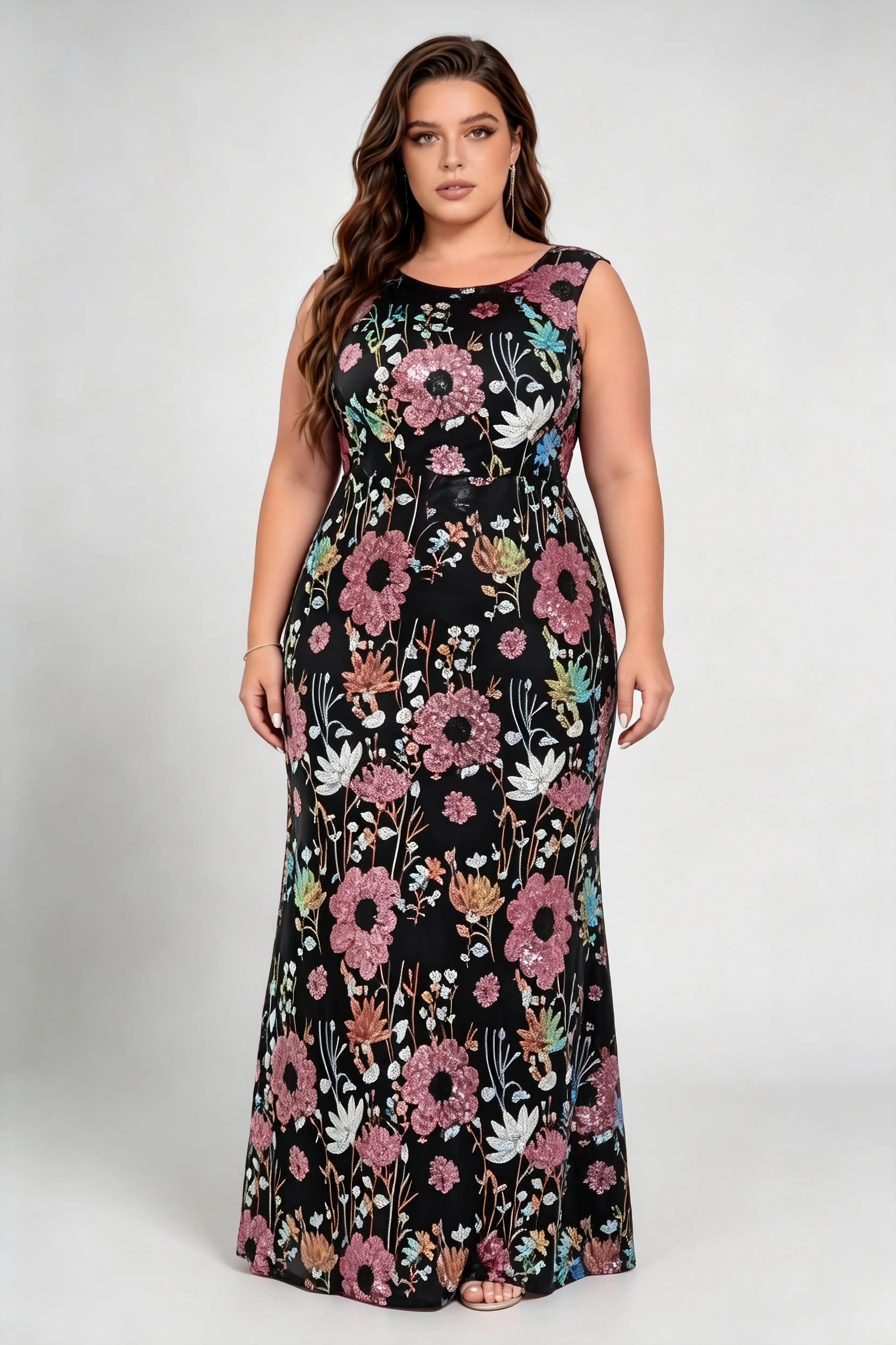 Curvy model wearing plus size sleeveless u neck geometric & floral sequin mermaid floor length formal evening dress