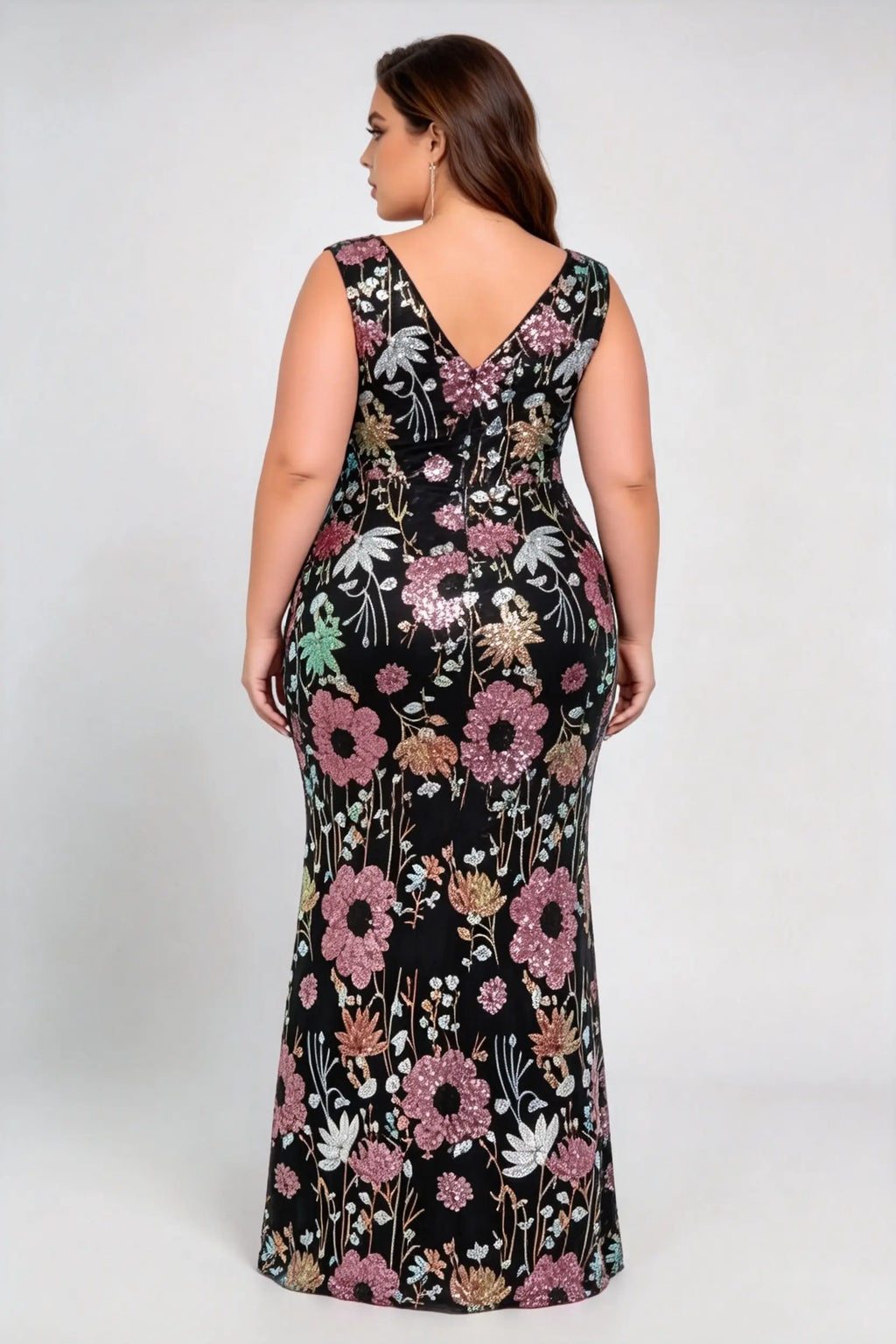 Plus Size Sleeveless U Neck Geometric & Floral Sequin Mermaid Floor Length Formal Evening Dress