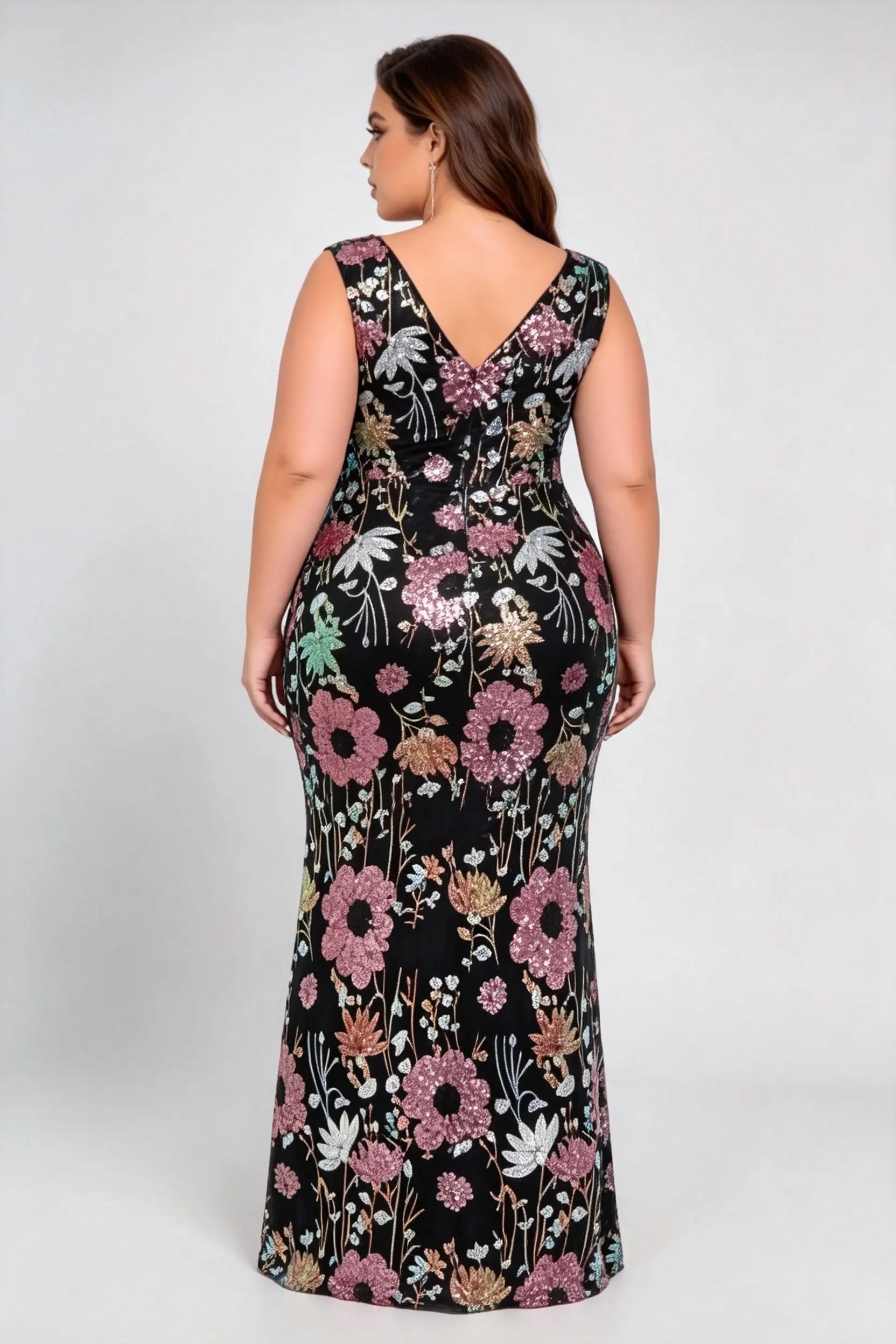 Plus Size Sleeveless U Neck Geometric & Floral Sequin Mermaid Floor Length Formal Evening Dress