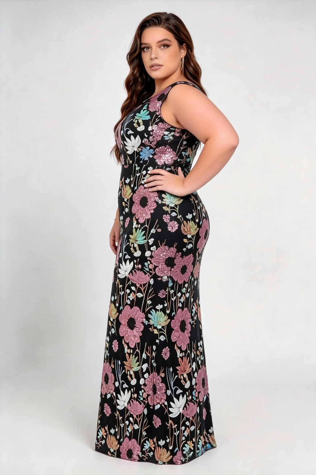 Plus Size Sleeveless U Neck Geometric & Floral Sequin Mermaid Floor Length Formal Evening Dress