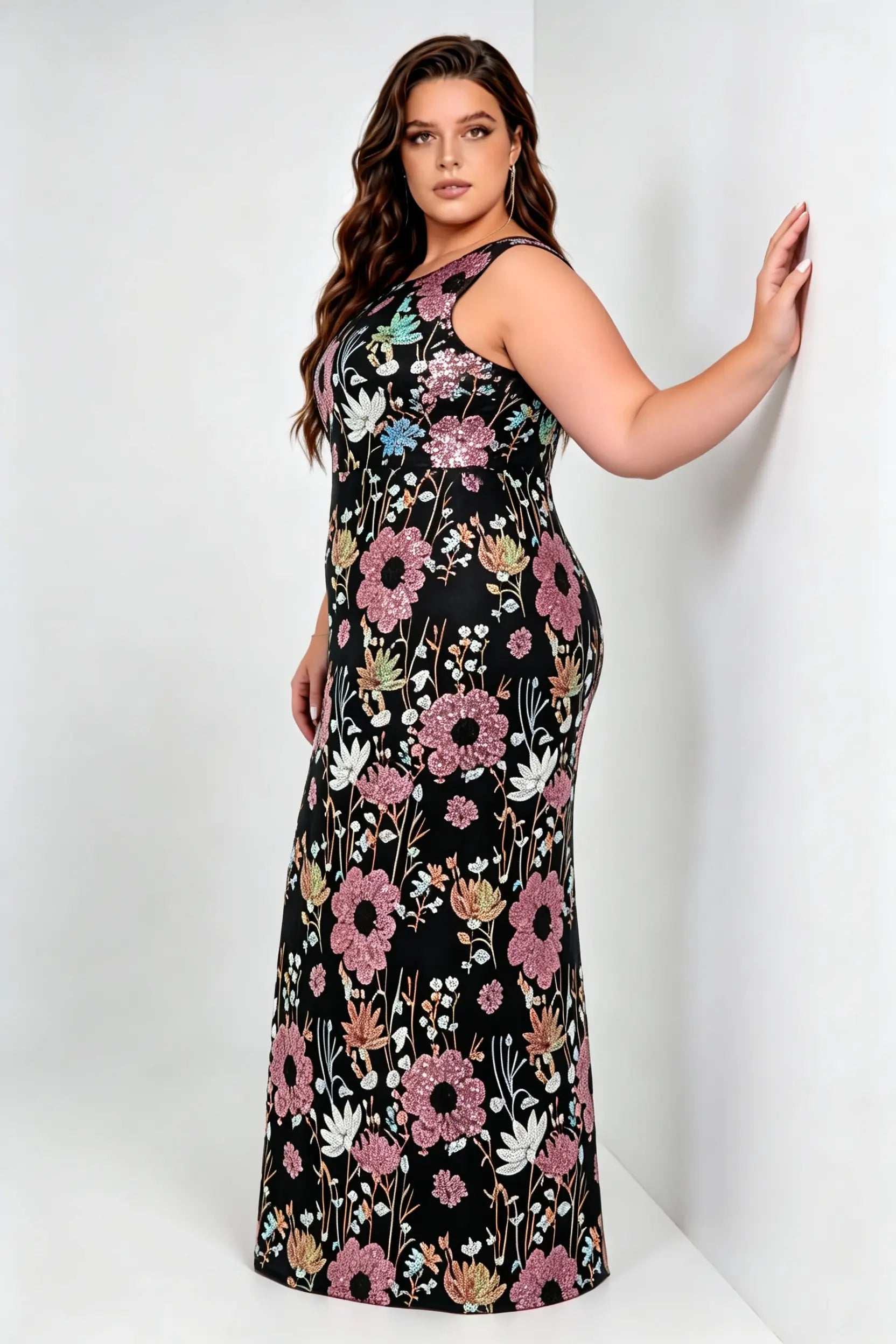 Plus Size Sleeveless U Neck Geometric & Floral Sequin Mermaid Floor Length Formal Evening Dress
