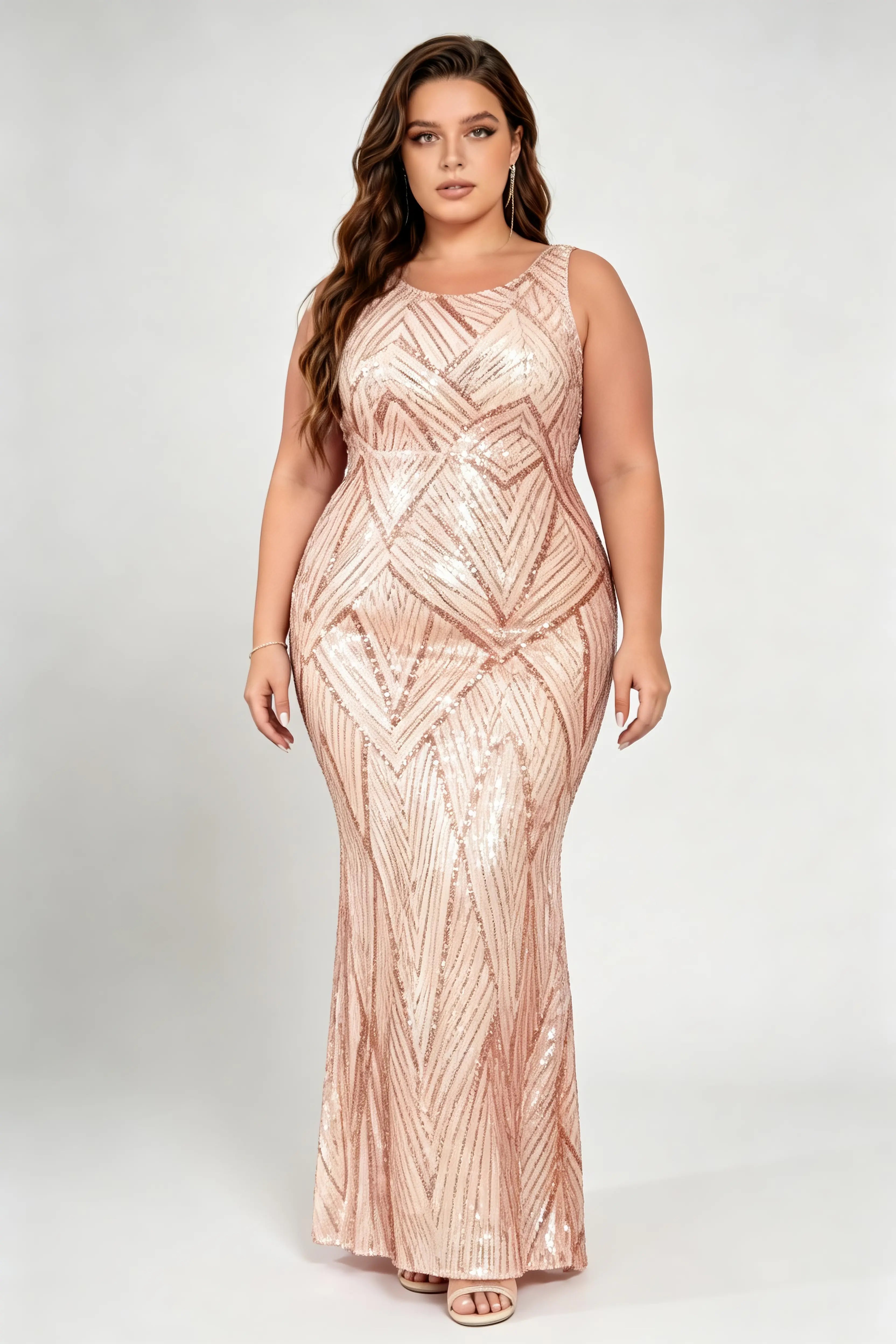 Plus Size Sleeveless U Neck Geometric & Floral Sequin Mermaid Floor Length Formal Evening Dress