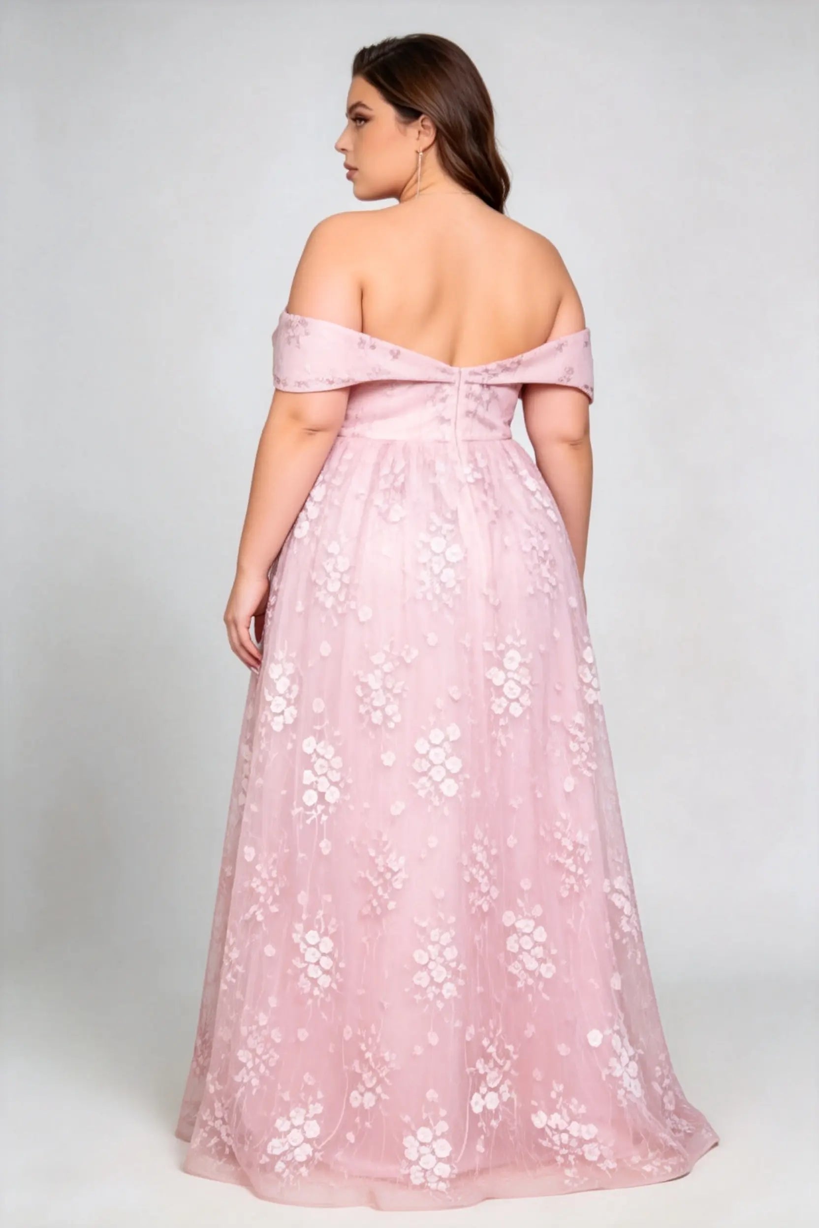 Plus Size Off The Shoulder Plunge V Neck 3D Floral Embroidery Tulle A Line Floor Length Bridesmaid Evening Dress