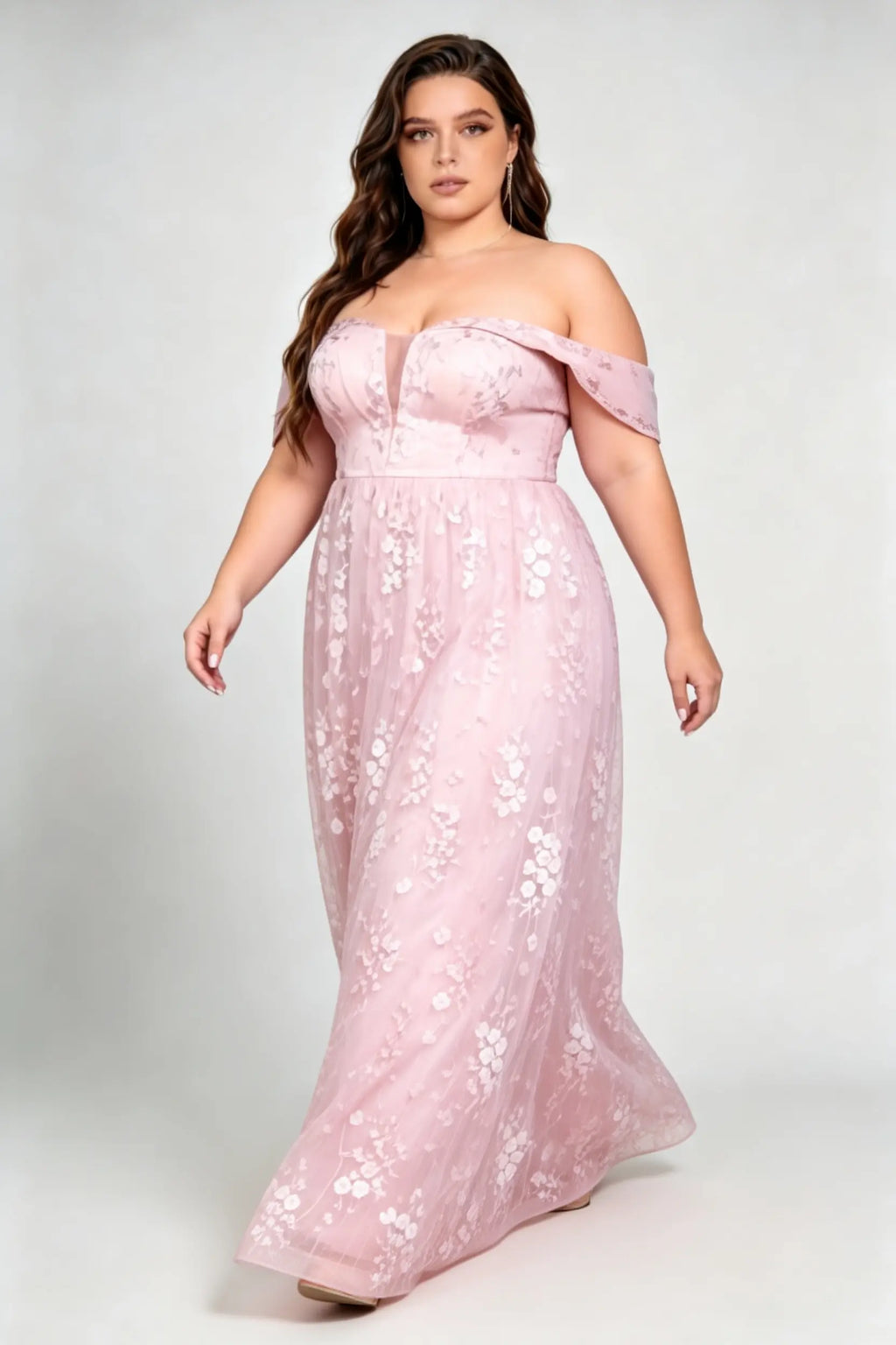 Plus Size Off The Shoulder Plunge V Neck 3D Floral Embroidery Tulle A Line Floor Length Bridesmaid Evening Dress