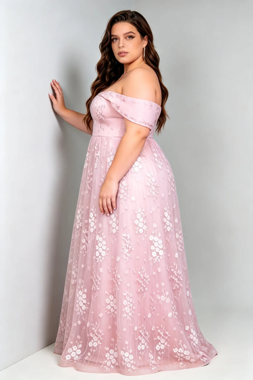 Plus Size Off The Shoulder Plunge V Neck 3D Floral Embroidery Tulle A Line Floor Length Bridesmaid Evening Dress