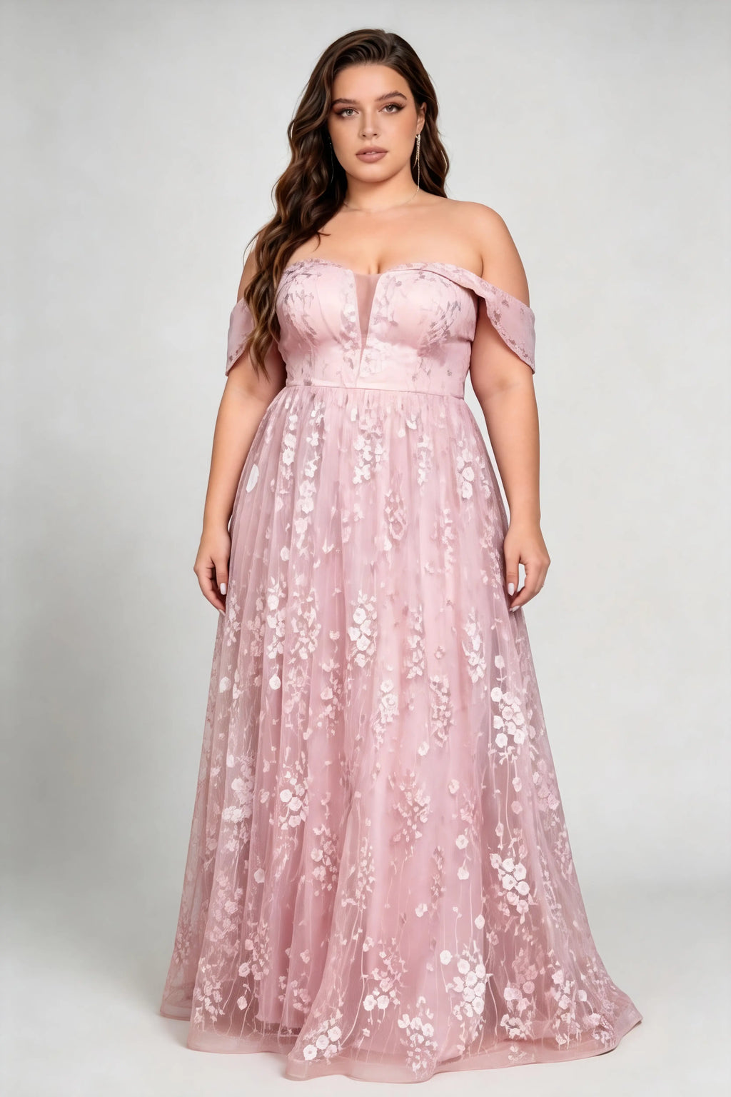 Plus Size Off The Shoulder Plunge V Neck 3D Floral Embroidery Tulle A Line Floor Length Bridesmaid Evening Dress