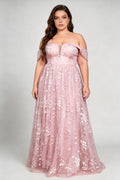 Plus Size Off The Shoulder Plunge V Neck 3D Floral Embroidery Tulle A Line Floor Length Bridesmaid Evening Dress