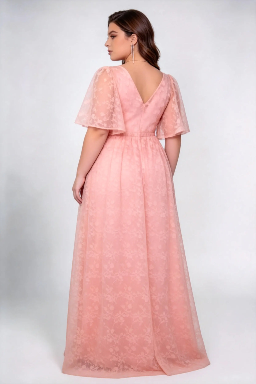Plus Size Round Neck Flutter Short Sleeve All Over Floral Lace Empire Waist A Line Floor Length Bridesmaid Evening Dress
