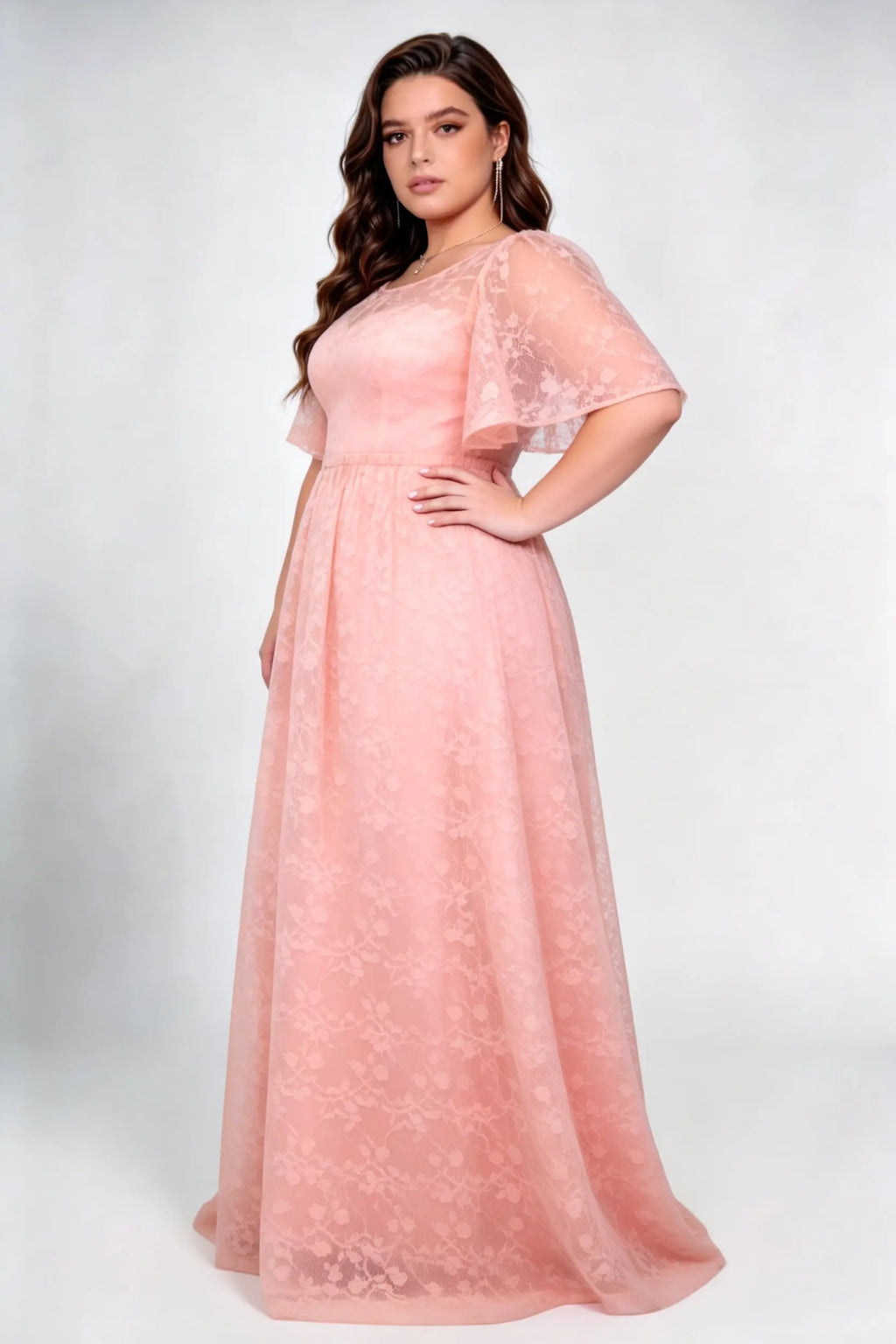 Plus Size Round Neck Flutter Short Sleeve All Over Floral Lace Empire Waist A Line Floor Length Bridesmaid Evening Dress