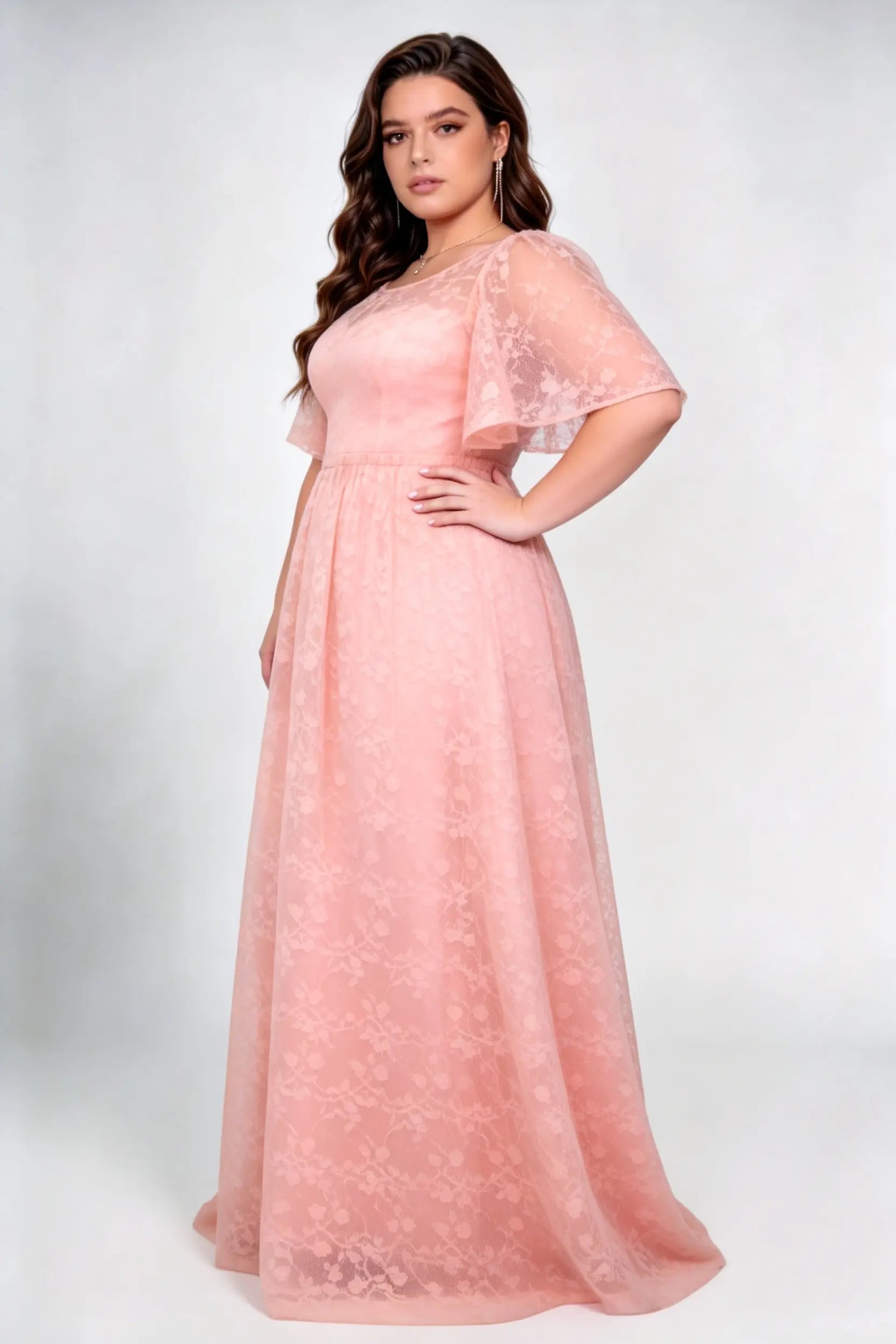 Plus Size Round Neck Flutter Short Sleeve All Over Floral Lace Empire Waist A Line Floor Length Bridesmaid Evening Dress