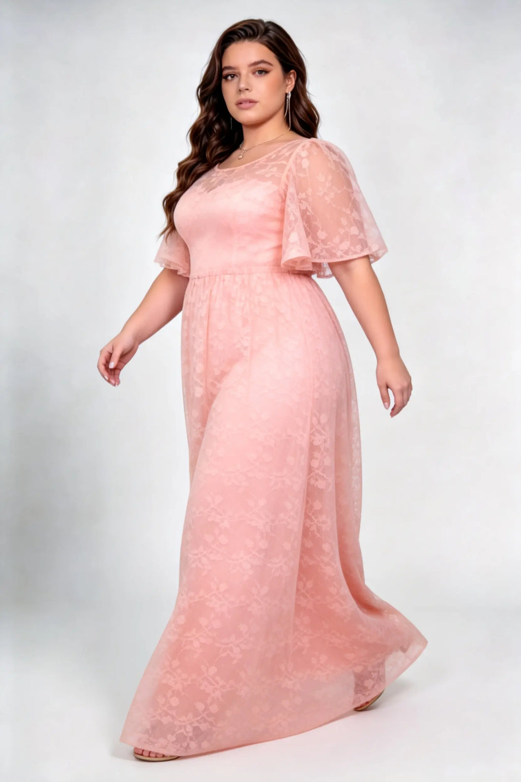 Plus Size Round Neck Flutter Short Sleeve All Over Floral Lace Empire Waist A Line Floor Length Bridesmaid Evening Dress