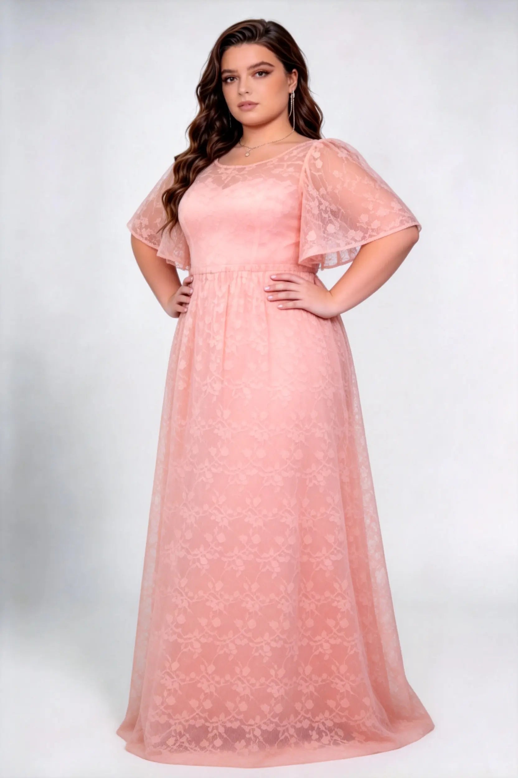 Plus Size Round Neck Flutter Short Sleeve All Over Floral Lace Empire Waist A Line Floor Length Bridesmaid Evening Dress