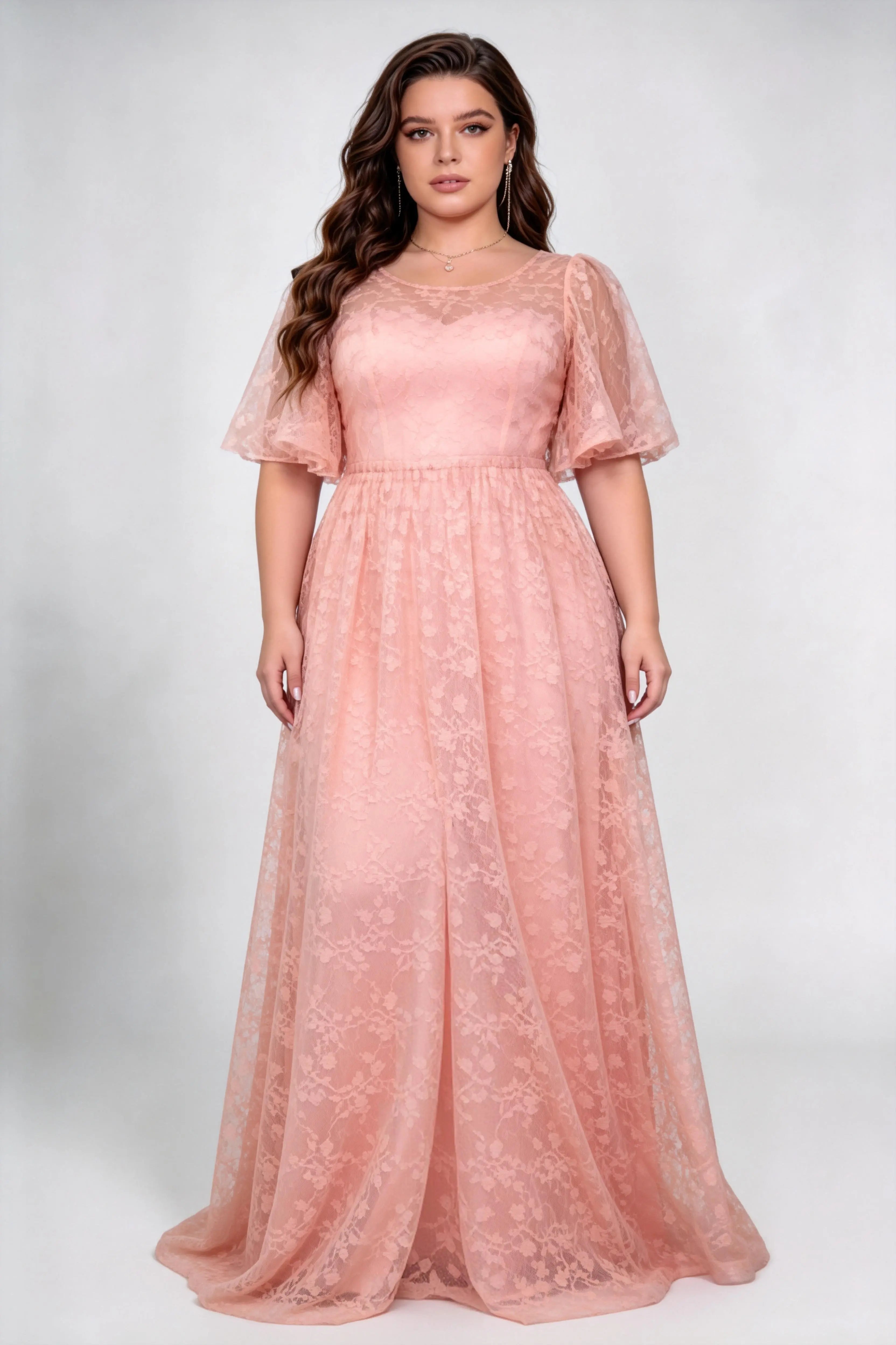 Plus Size Round Neck Flutter Short Sleeve All Over Floral Lace Empire Waist A Line Floor Length Bridesmaid Evening Dress