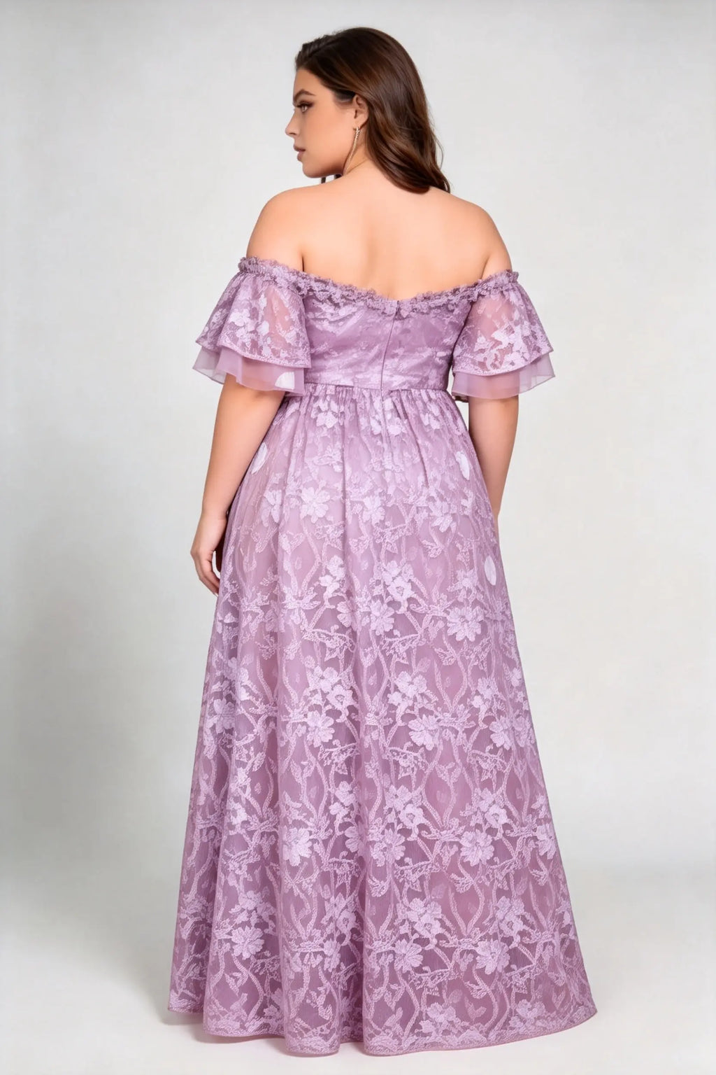 Plus Size Off The Shoulder Double Ruffle Short Sleeve Floral Lace High Waist A Line Floor Length Bridesmaid Evening Dress