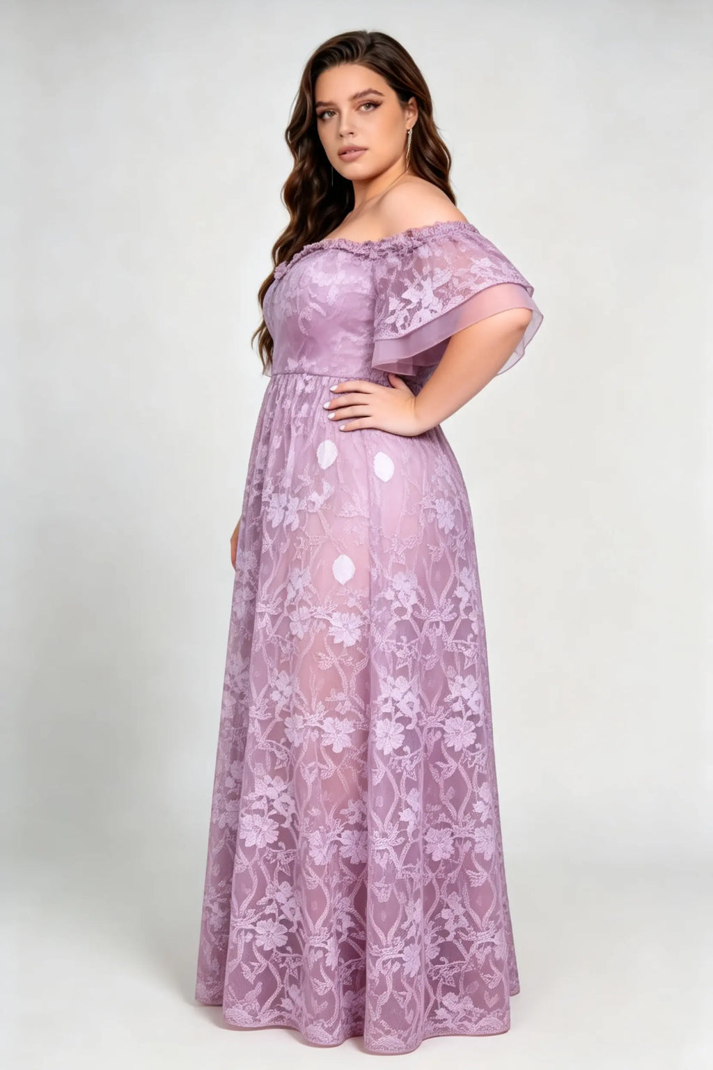 Plus Size Off The Shoulder Double Ruffle Short Sleeve Floral Lace High Waist A Line Floor Length Bridesmaid Evening Dress