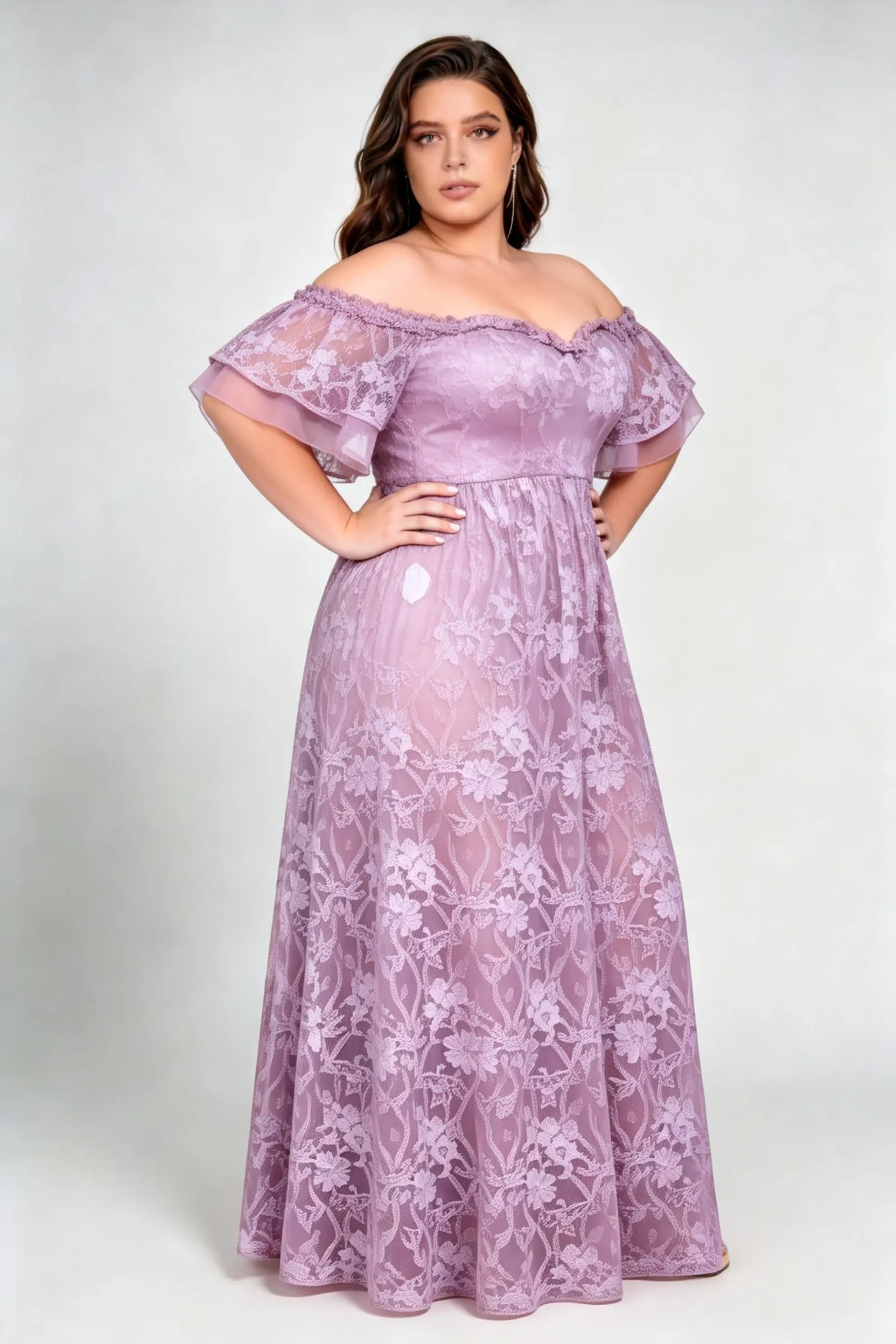 Plus Size Off The Shoulder Double Ruffle Short Sleeve Floral Lace High Waist A Line Floor Length Bridesmaid Evening Dress