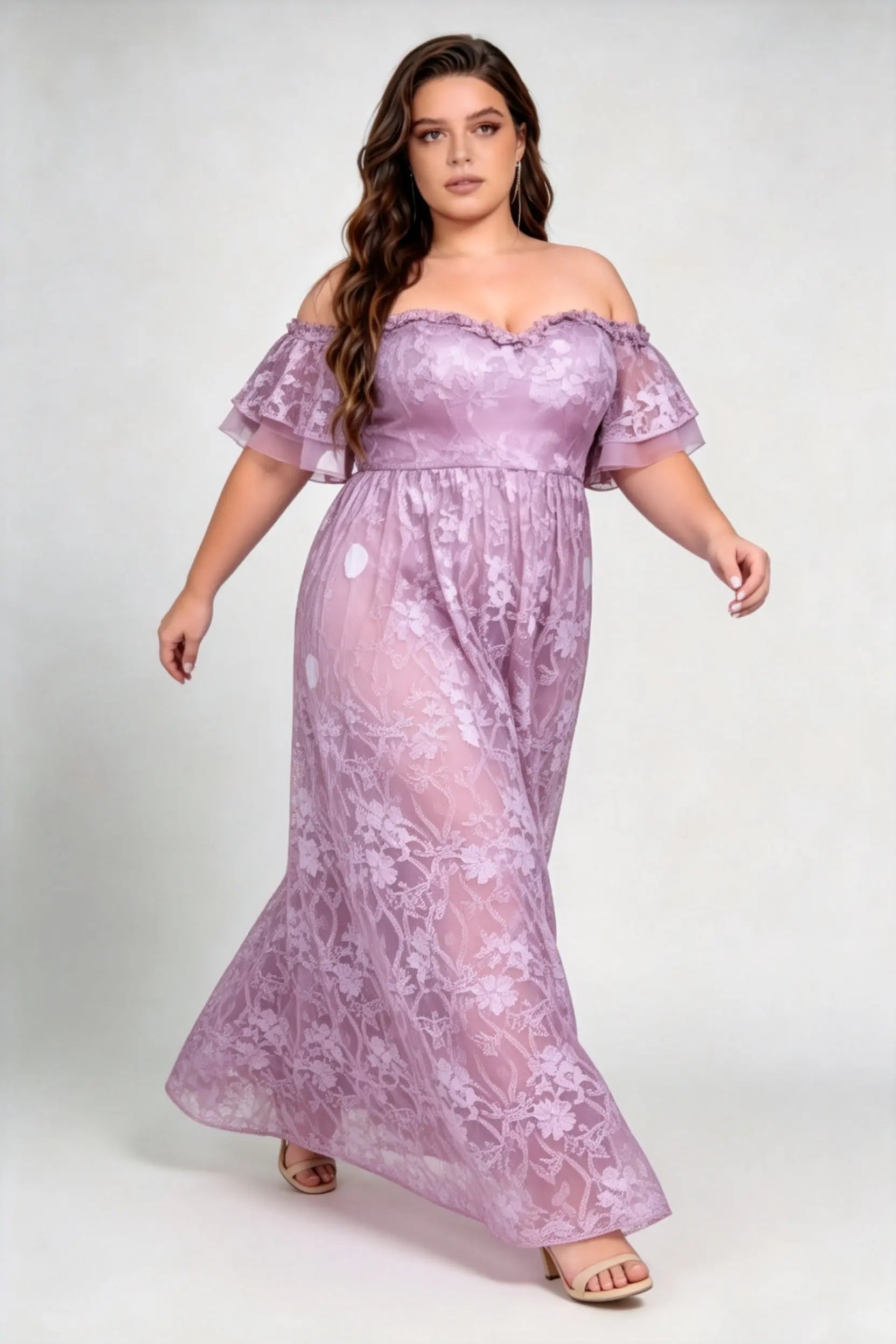 Plus Size Off The Shoulder Double Ruffle Short Sleeve Floral Lace High Waist A Line Floor Length Bridesmaid Evening Dress