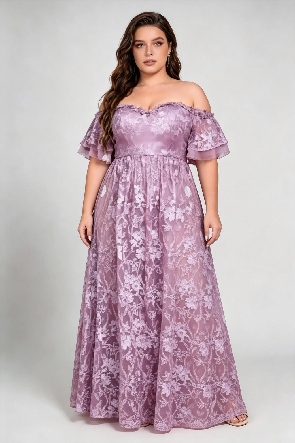 Plus Size Off The Shoulder Double Ruffle Short Sleeve Floral Lace High Waist A Line Floor Length Bridesmaid Evening Dress