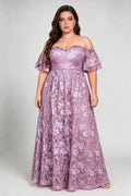 Plus Size Off The Shoulder Double Ruffle Short Sleeve Floral Lace High Waist A Line Floor Length Bridesmaid Evening Dress