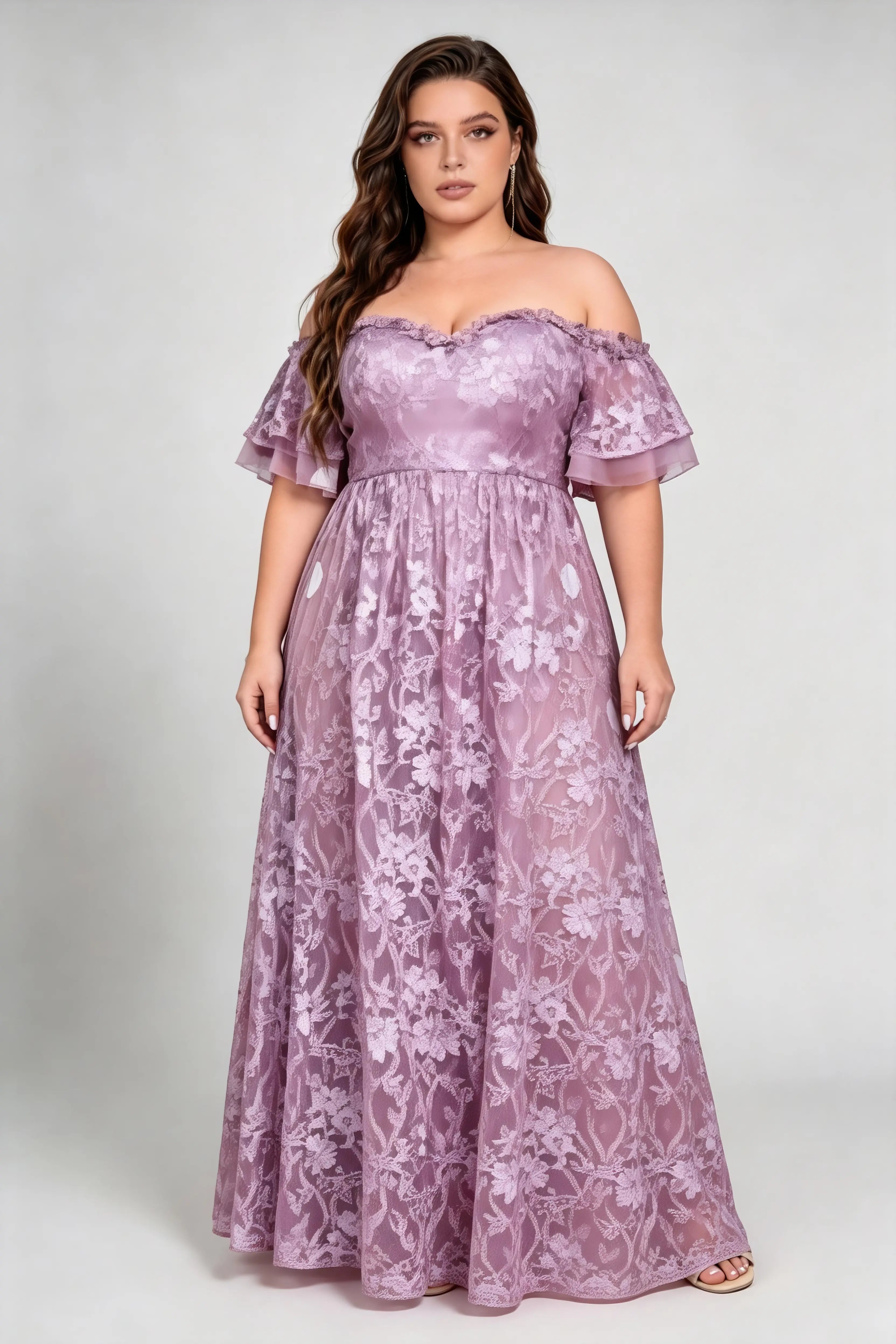 Plus Size Off The Shoulder Double Ruffle Short Sleeve Floral Lace High Waist A Line Floor Length Bridesmaid Evening Dress