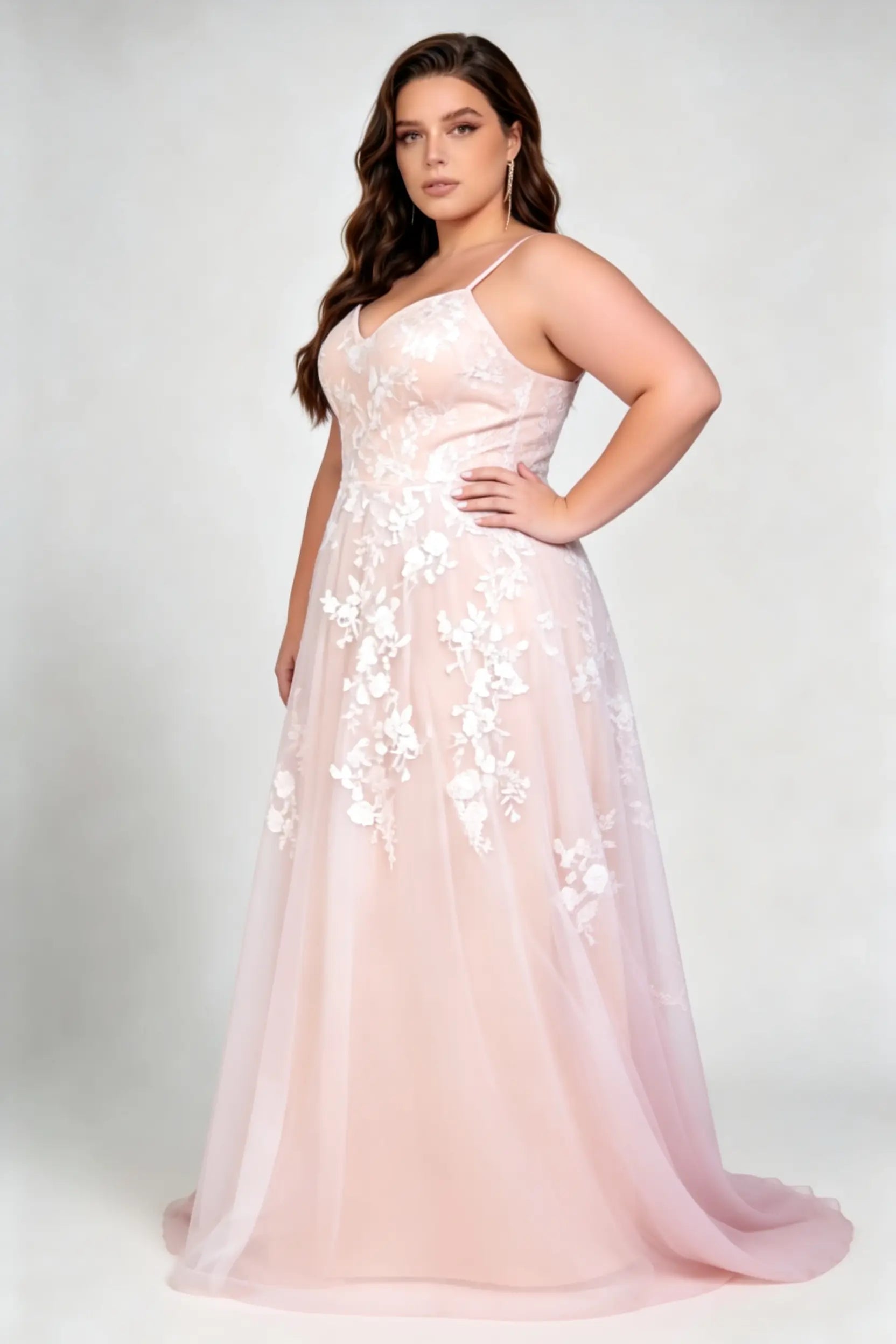 Plus Size Spaghetti Strap Deep V 3D Floral Applique Tulle Fitted Waist Train Floor Bridesmaid Evening Dress