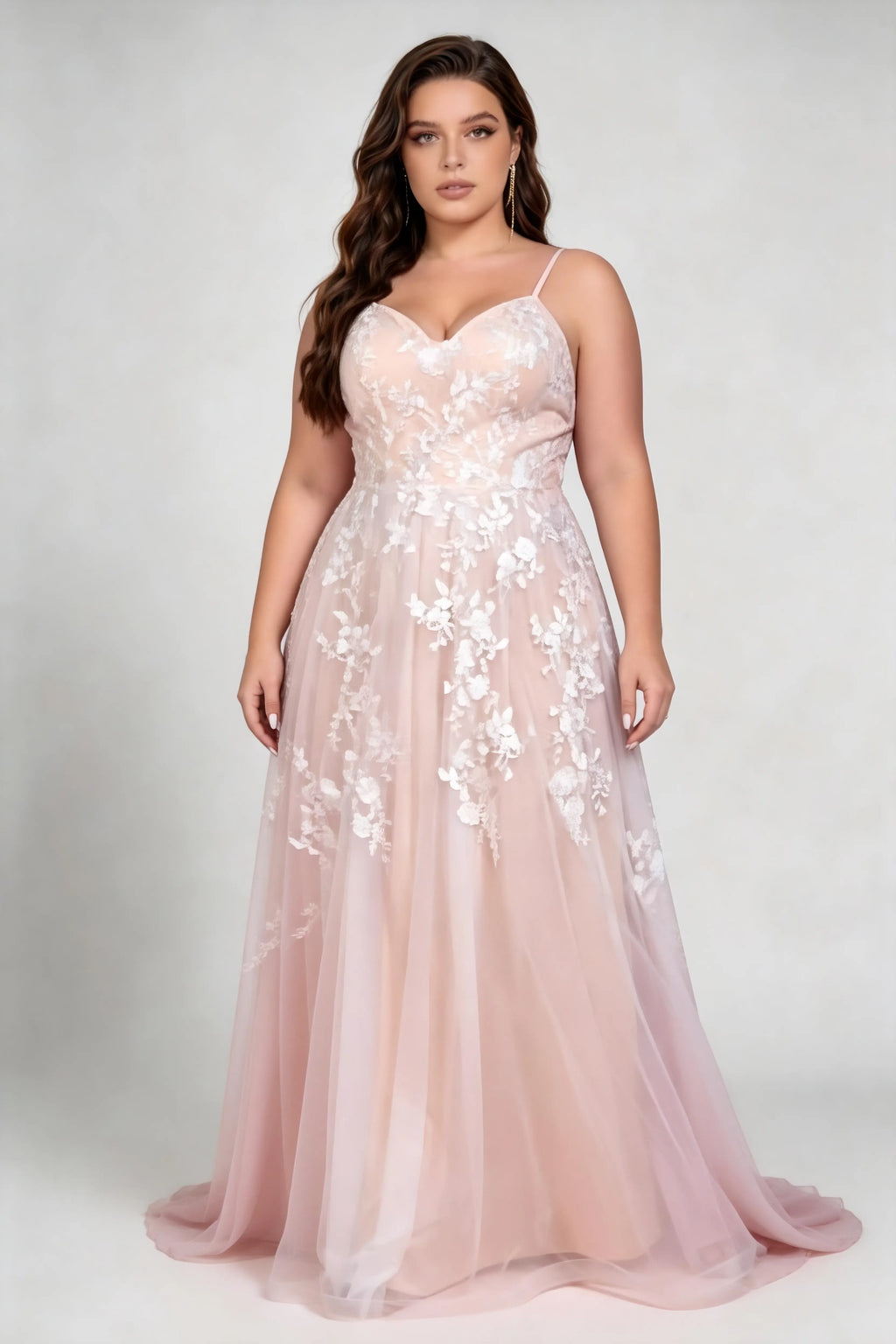 Plus Size Spaghetti Strap Deep V 3D Floral Applique Tulle Fitted Waist Train Floor Bridesmaid Evening Dress