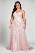 Plus Size Spaghetti Strap Deep V 3D Floral Applique Tulle Fitted Waist Train Floor Bridesmaid Evening Dress