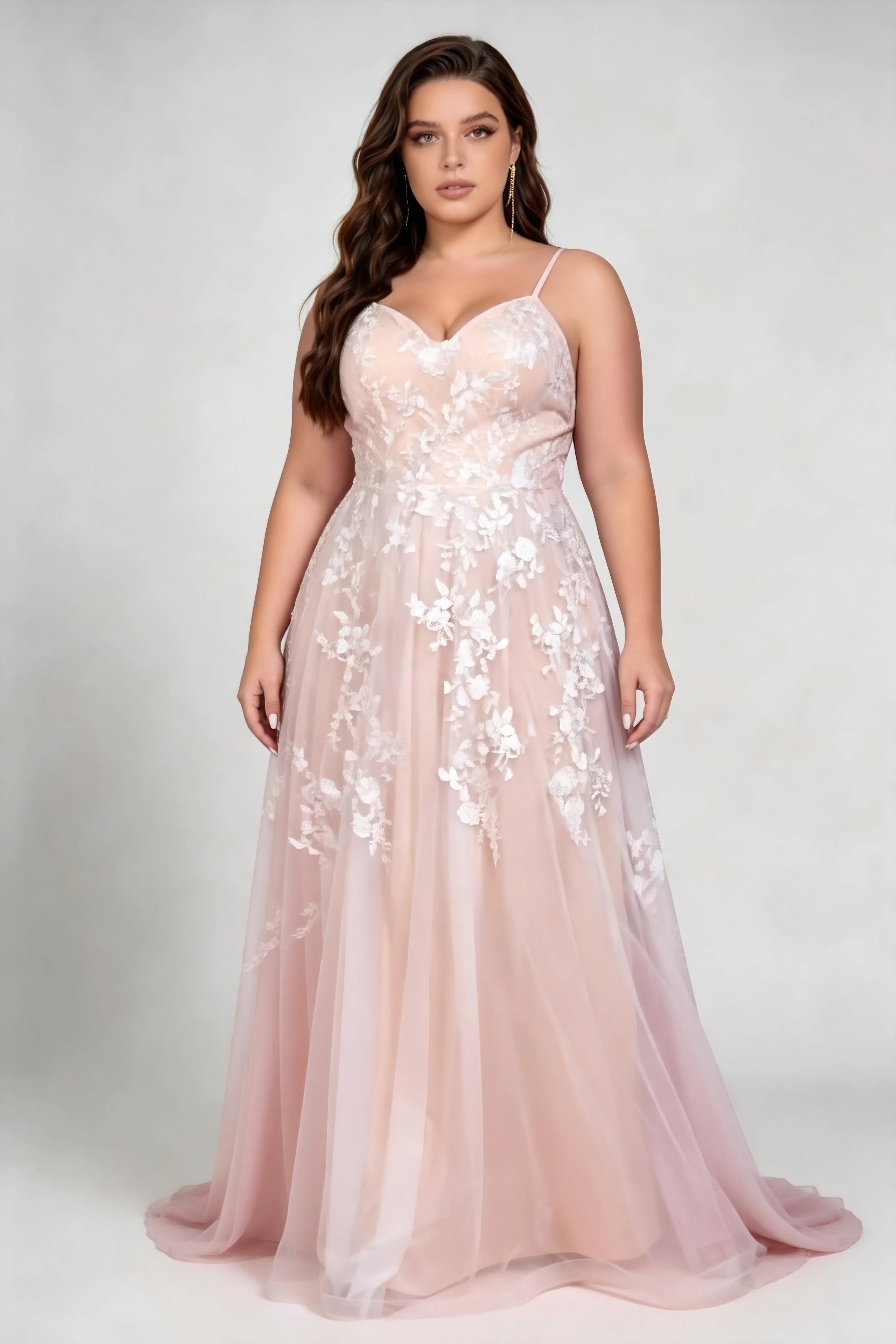 Plus Size Spaghetti Strap Deep V 3D Floral Applique Tulle Fitted Waist Train Floor Bridesmaid Evening Dress