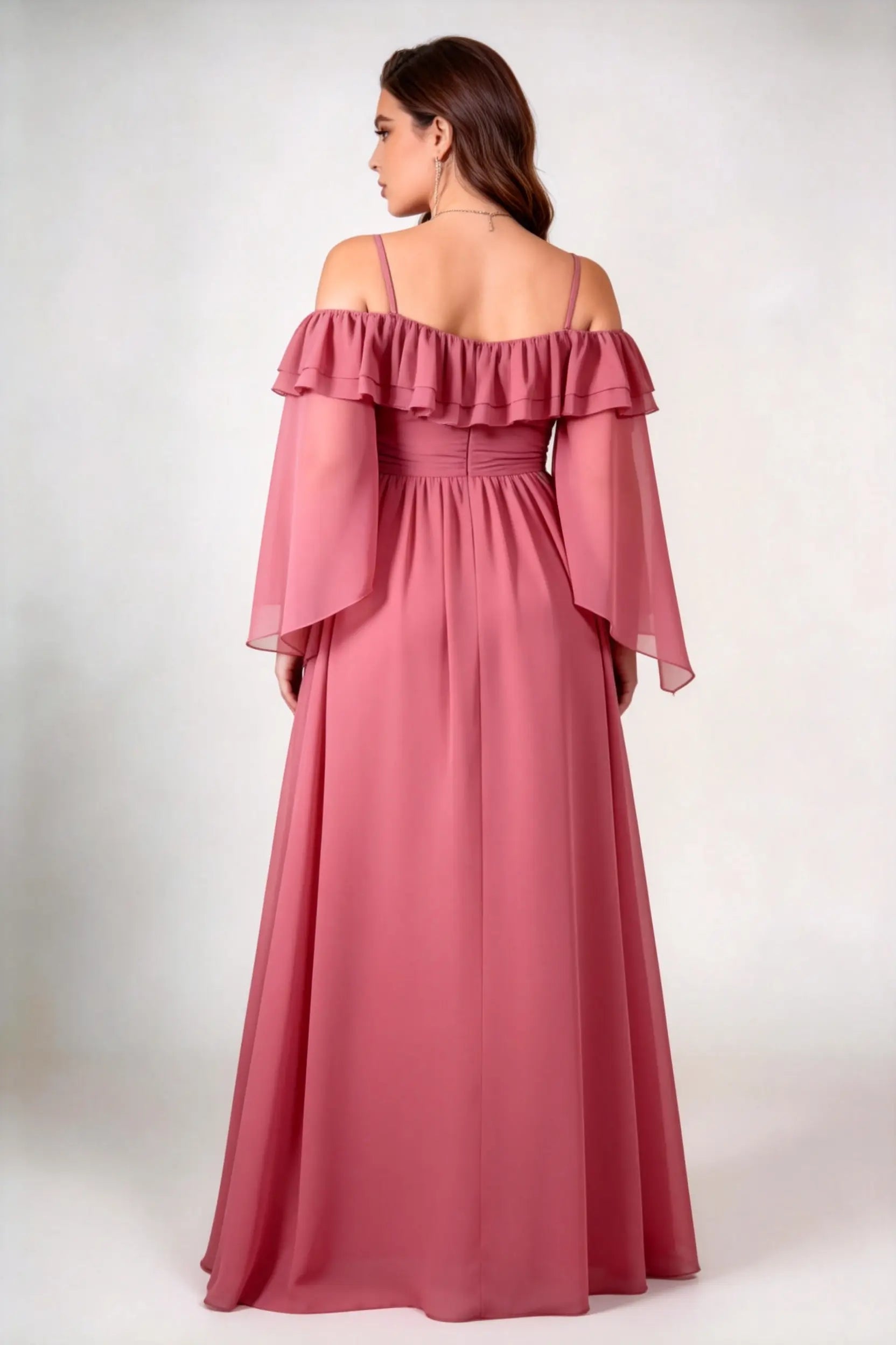 Plus Size Off Shoulder Double Ruffle Neck Flare Bell Sleeve Chiffon Waist Cinch A Line Floor Length Bridesmaid Evening Dress