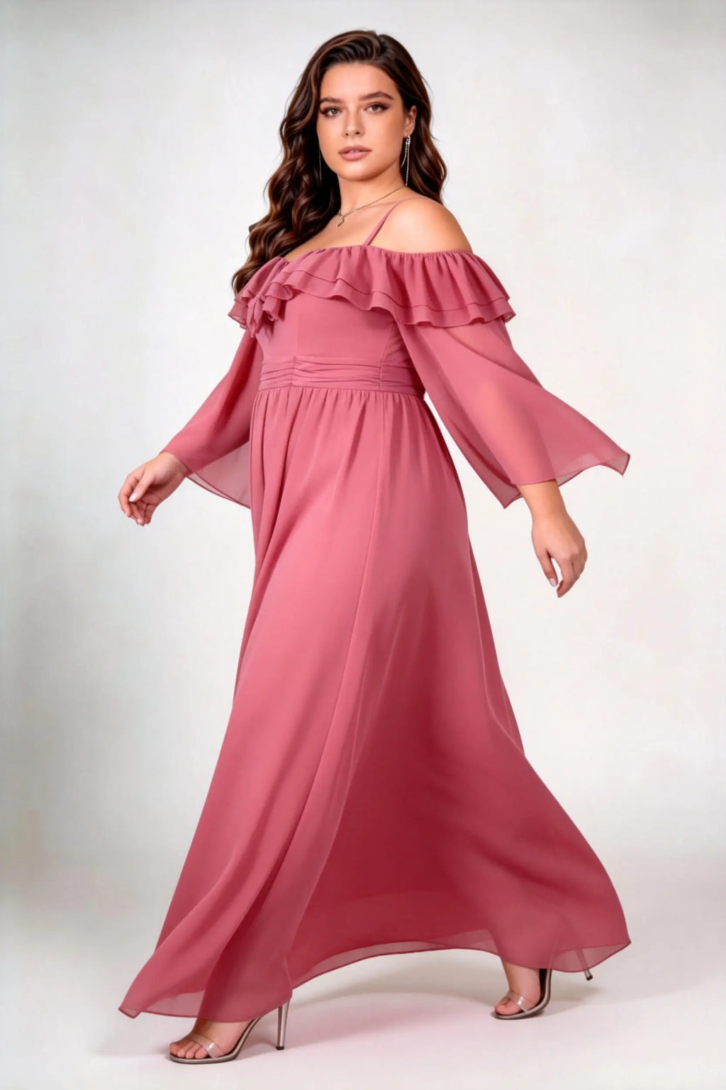 Plus Size Off Shoulder Double Ruffle Neck Flare Bell Sleeve Chiffon Waist Cinch A Line Floor Length Bridesmaid Evening Dress
