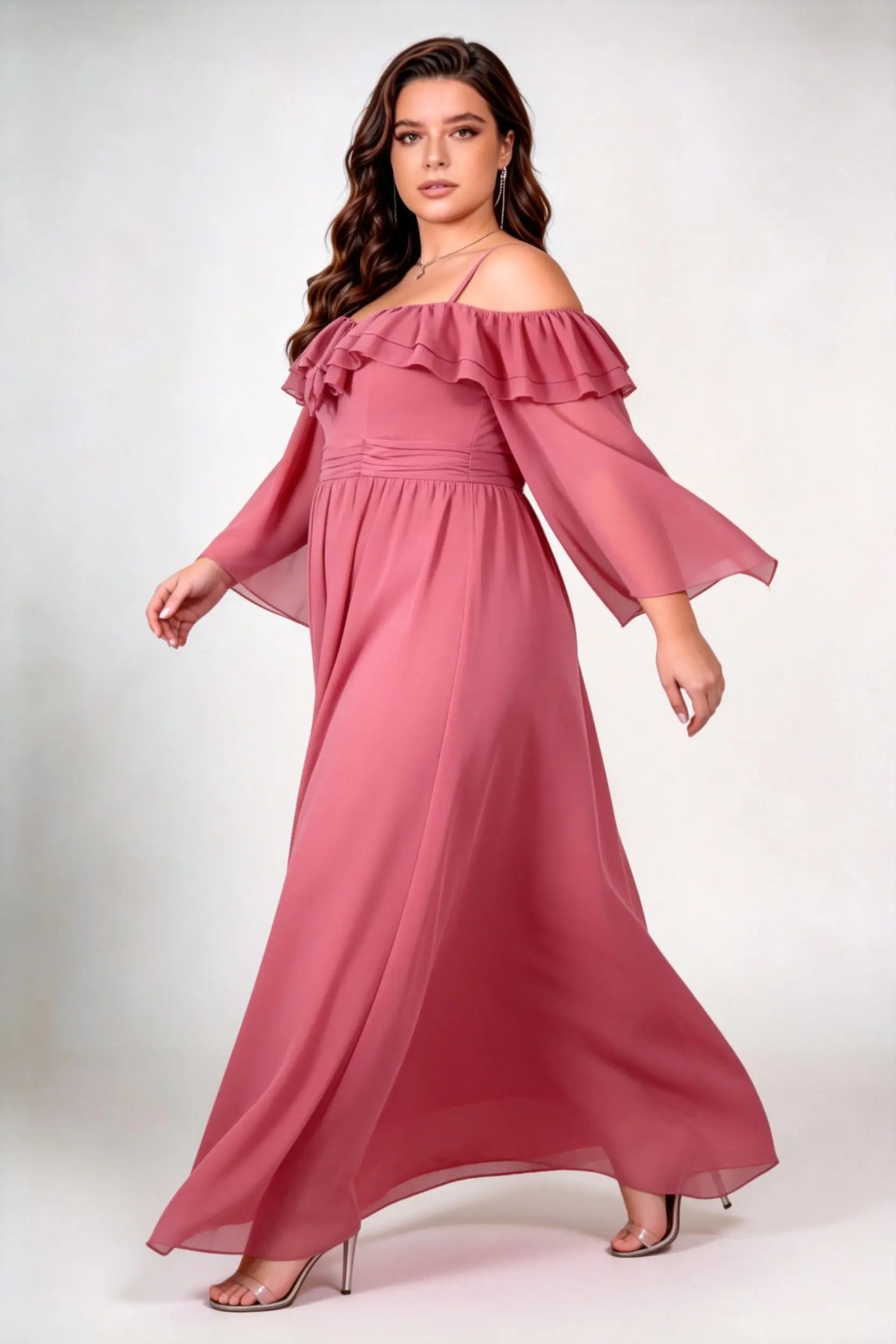 Plus Size Off Shoulder Double Ruffle Neck Flare Bell Sleeve Chiffon Waist Cinch A Line Floor Length Bridesmaid Evening Dress