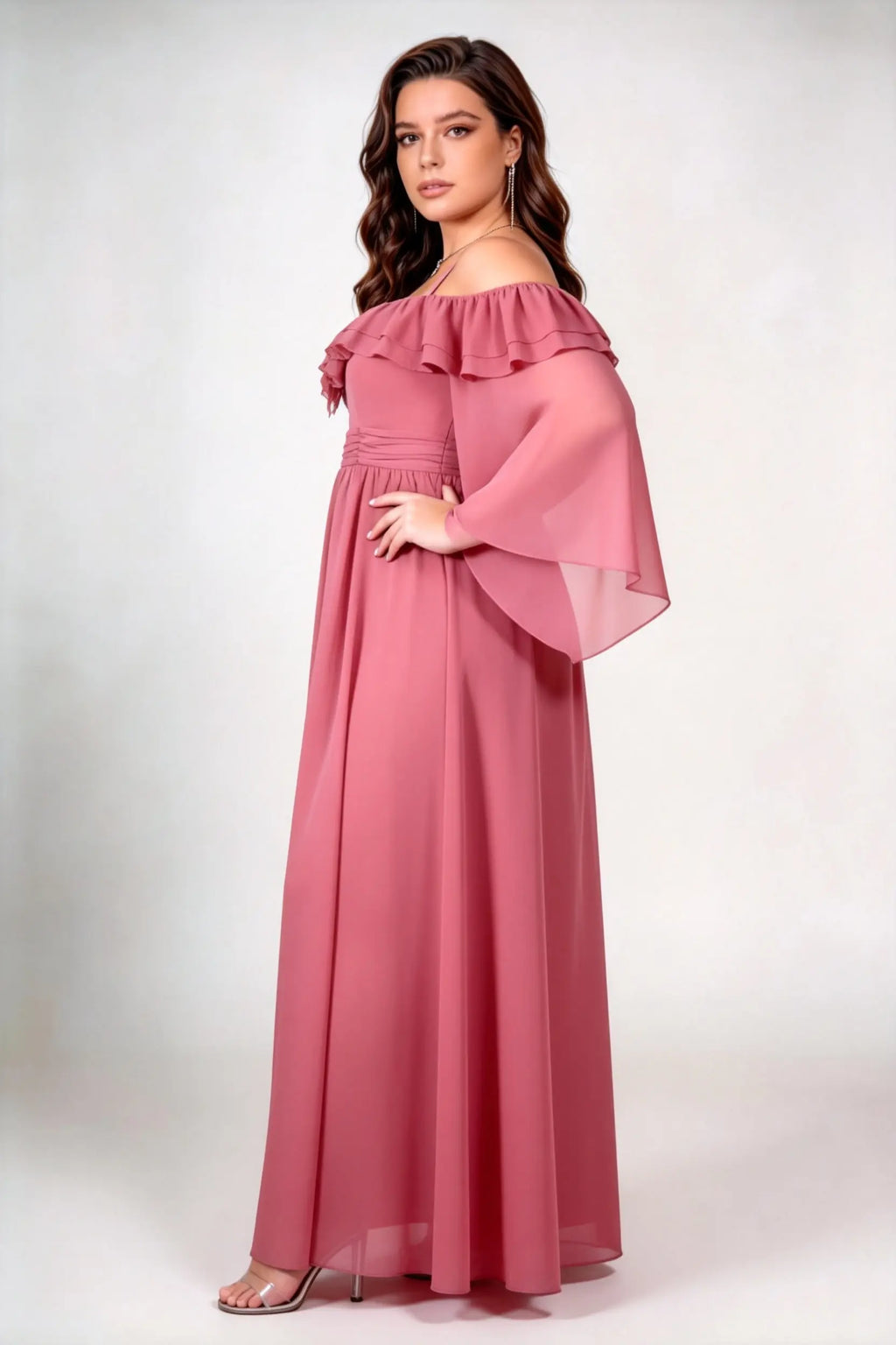 Plus Size Off Shoulder Double Ruffle Neck Flare Bell Sleeve Chiffon Waist Cinch A Line Floor Length Bridesmaid Evening Dress