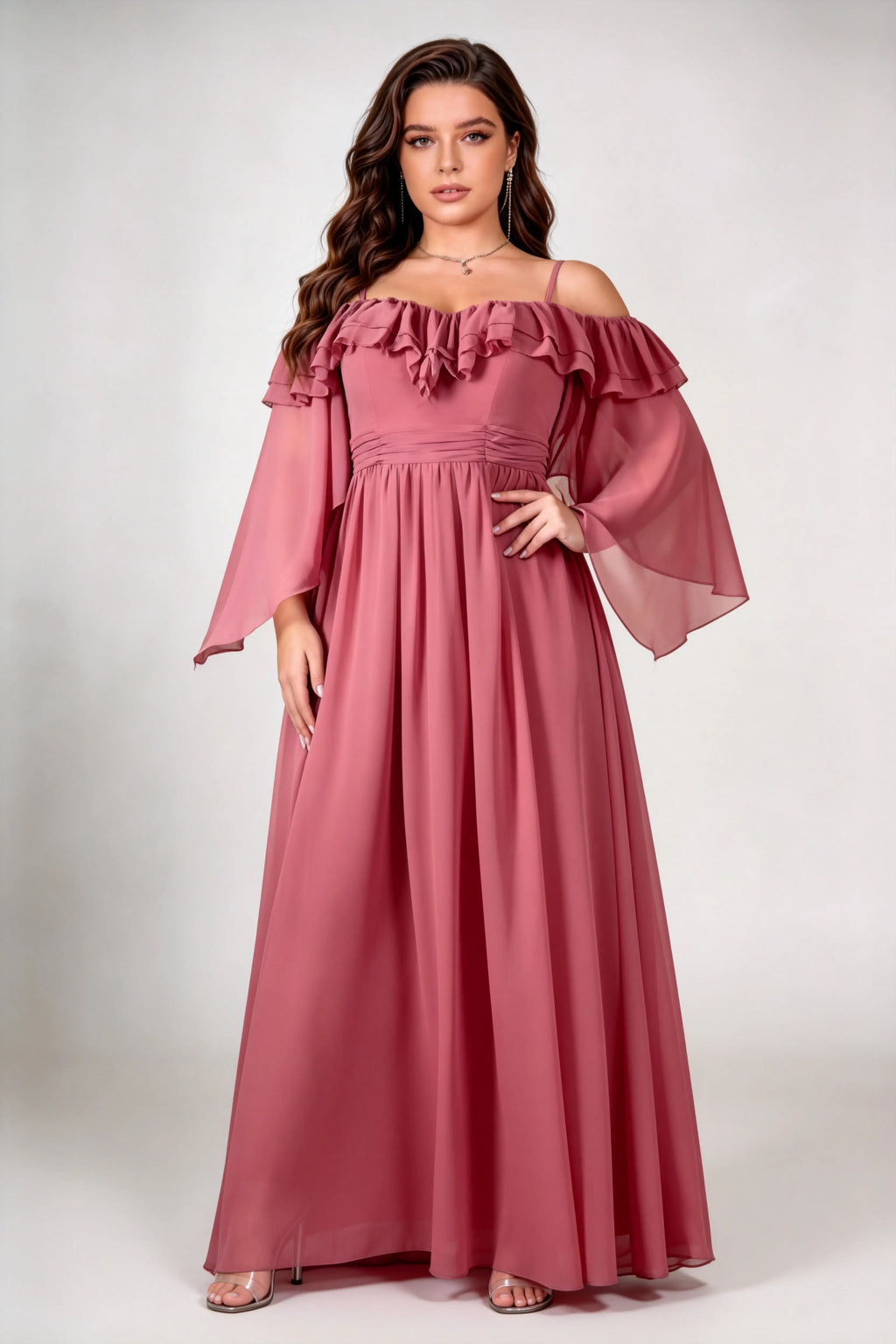 Plus Size Off Shoulder Double Ruffle Neck Flare Bell Sleeve Chiffon Waist Cinch A Line Floor Length Bridesmaid Evening Dress