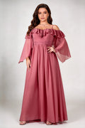 Plus Size Off Shoulder Double Ruffle Neck Flare Bell Sleeve Chiffon Waist Cinch A Line Floor Length Bridesmaid Evening Dress