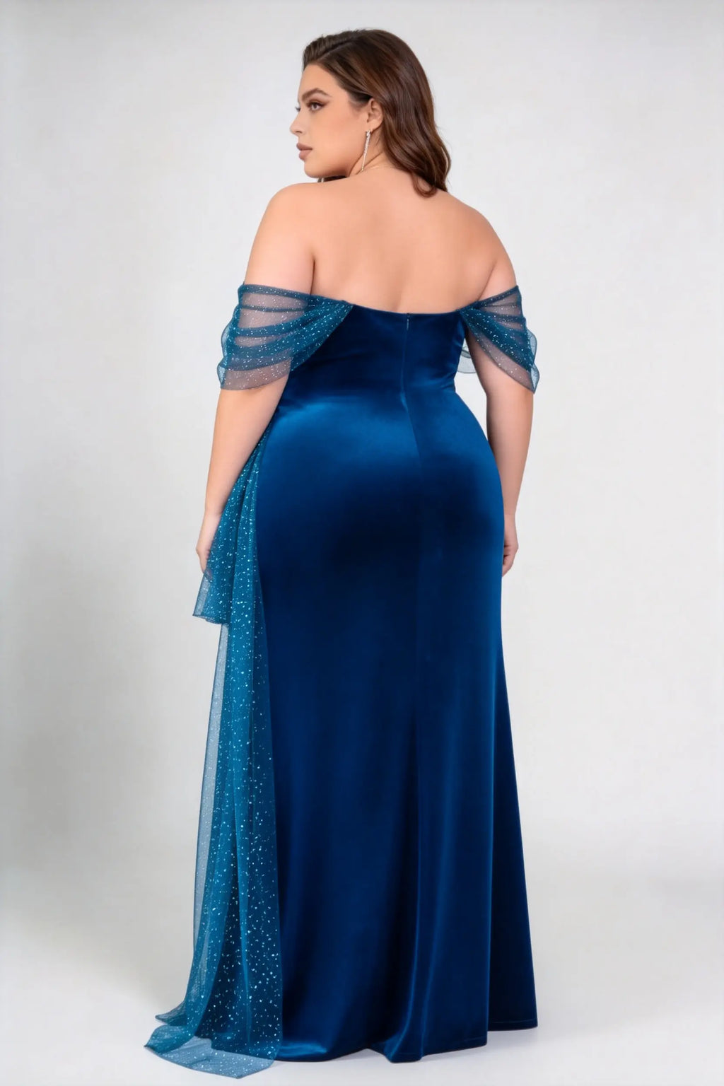 Plus Size Off Shoulder Velvet Glitter Tulle Split Mermaid Floor Evening Prom Gown
