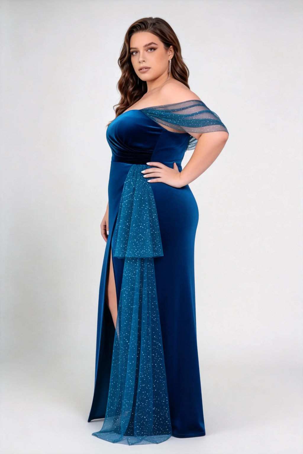 Plus Size Off Shoulder Velvet Glitter Tulle Split Mermaid Floor Evening Prom Gown