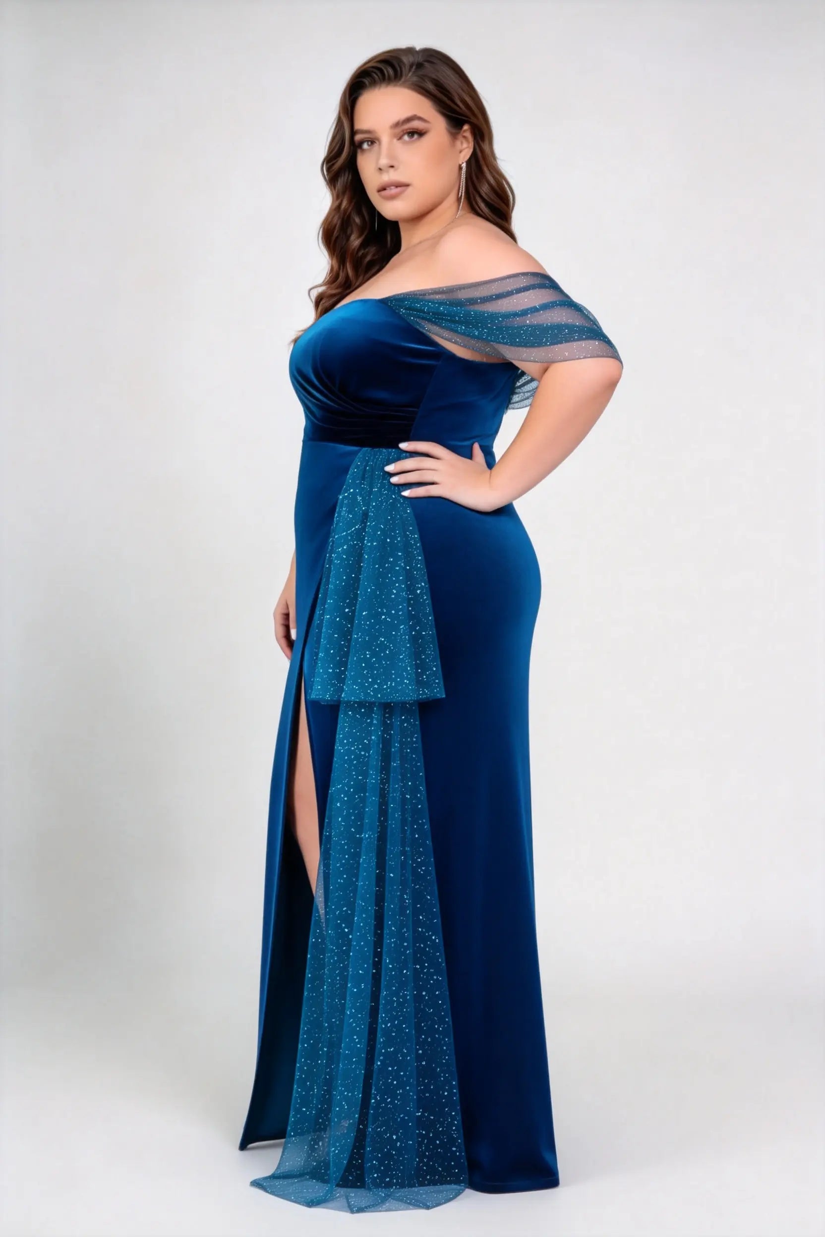Plus Size Off Shoulder Velvet Glitter Tulle Split Mermaid Floor Evening Prom Gown