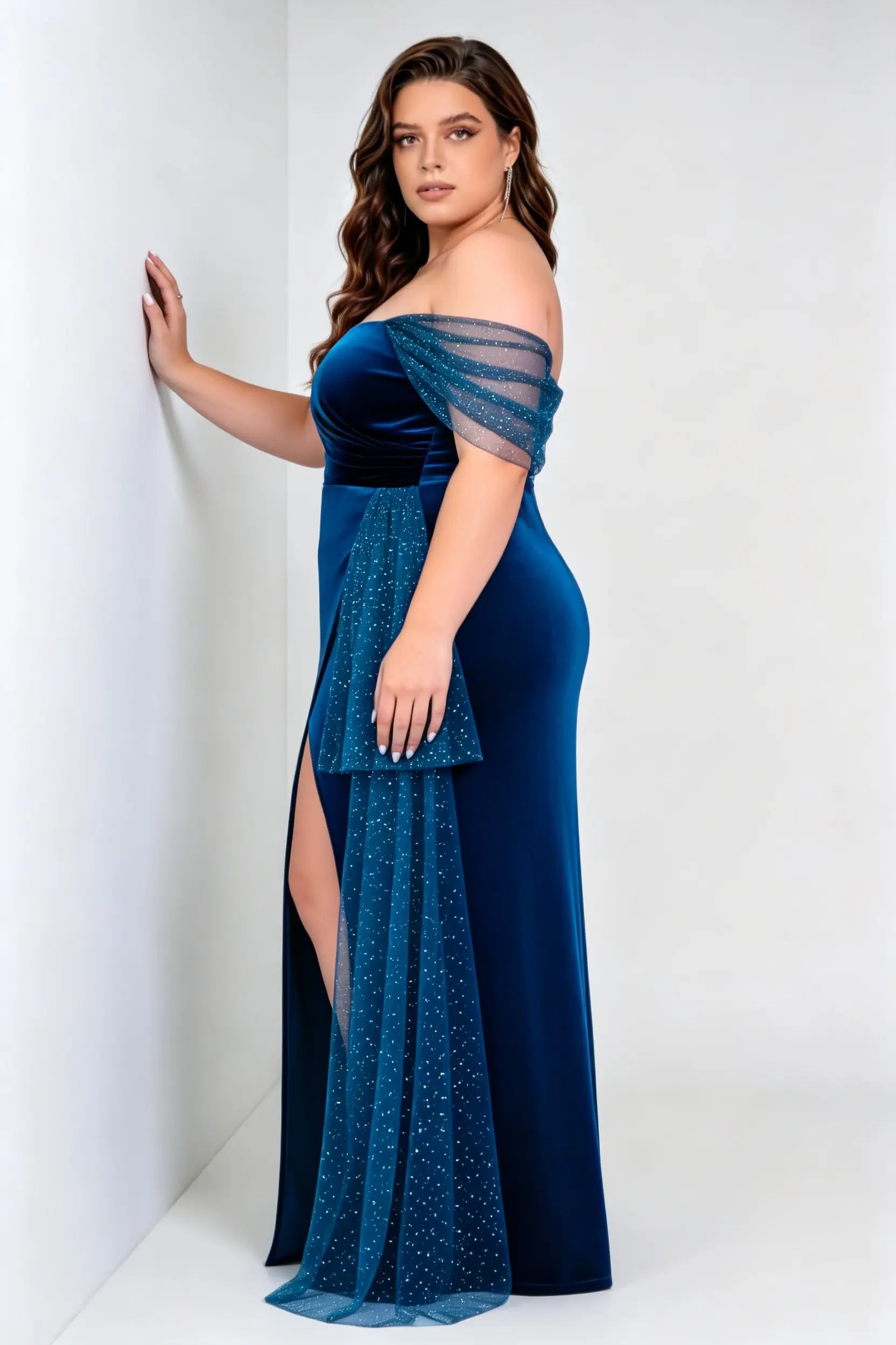 Plus Size Off Shoulder Velvet Glitter Tulle Split Mermaid Floor Evening Prom Gown