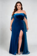 Plus Size Off Shoulder Velvet Glitter Tulle Split Mermaid Floor Evening Prom Gown