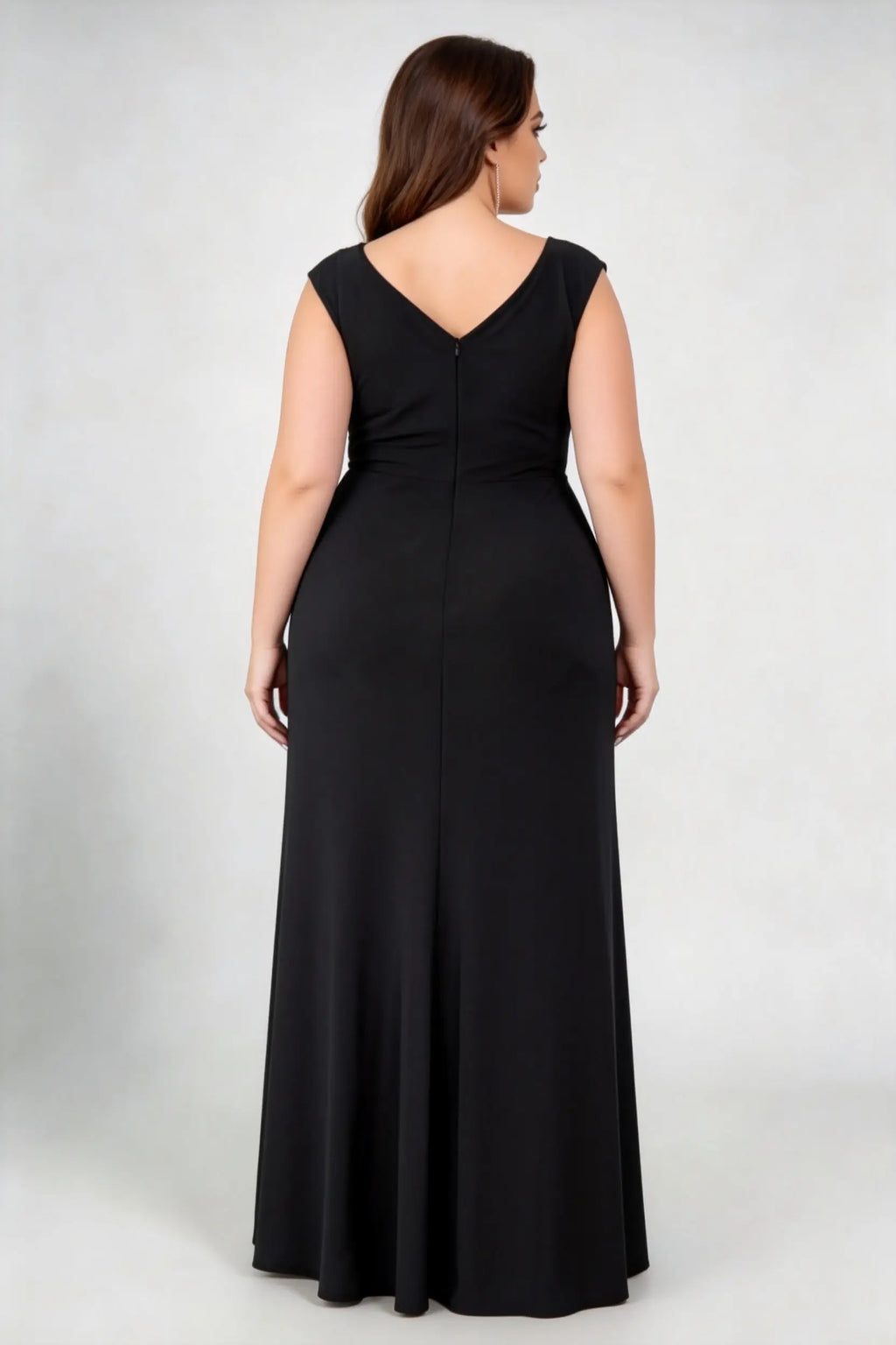Plus Size Cap Sleeve Deep V Wrap Ruched Beaded Waist High Slit Stretch Knit Floor Evening Formal Gown