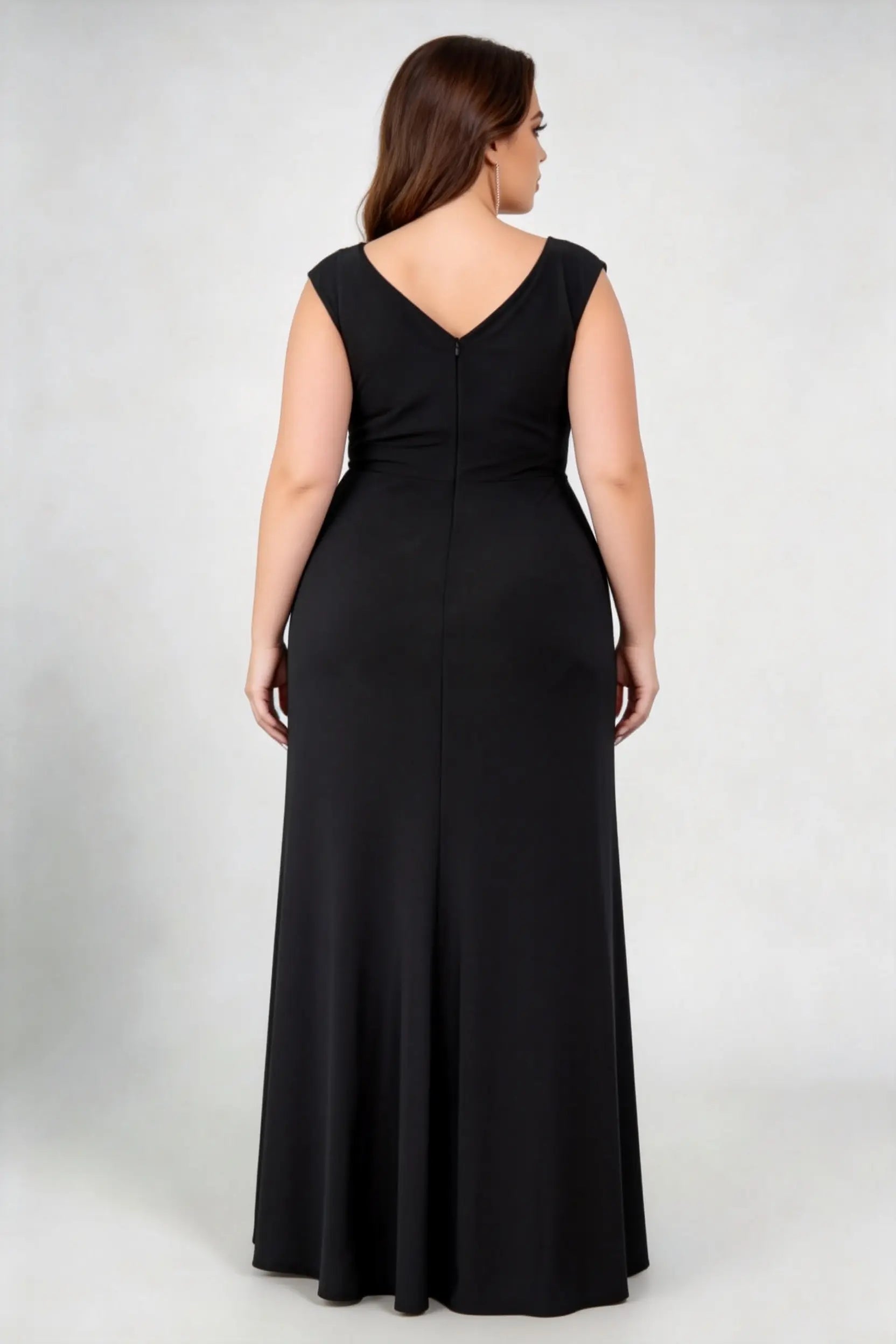 Plus Size Cap Sleeve Deep V Wrap Ruched Beaded Waist High Slit Stretch Knit Floor Evening Formal Gown
