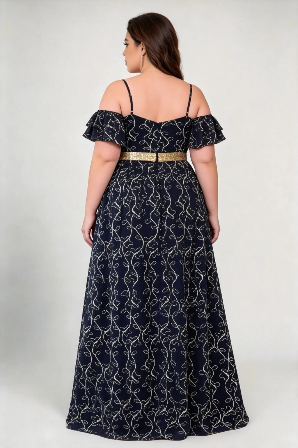 Plus Size Adjustable Spaghetti Strap Off Shoulder Ruffle Short Sleeve Gold Vine Print Glitter Waistband A Line Floor Length Evening Maxi Dress