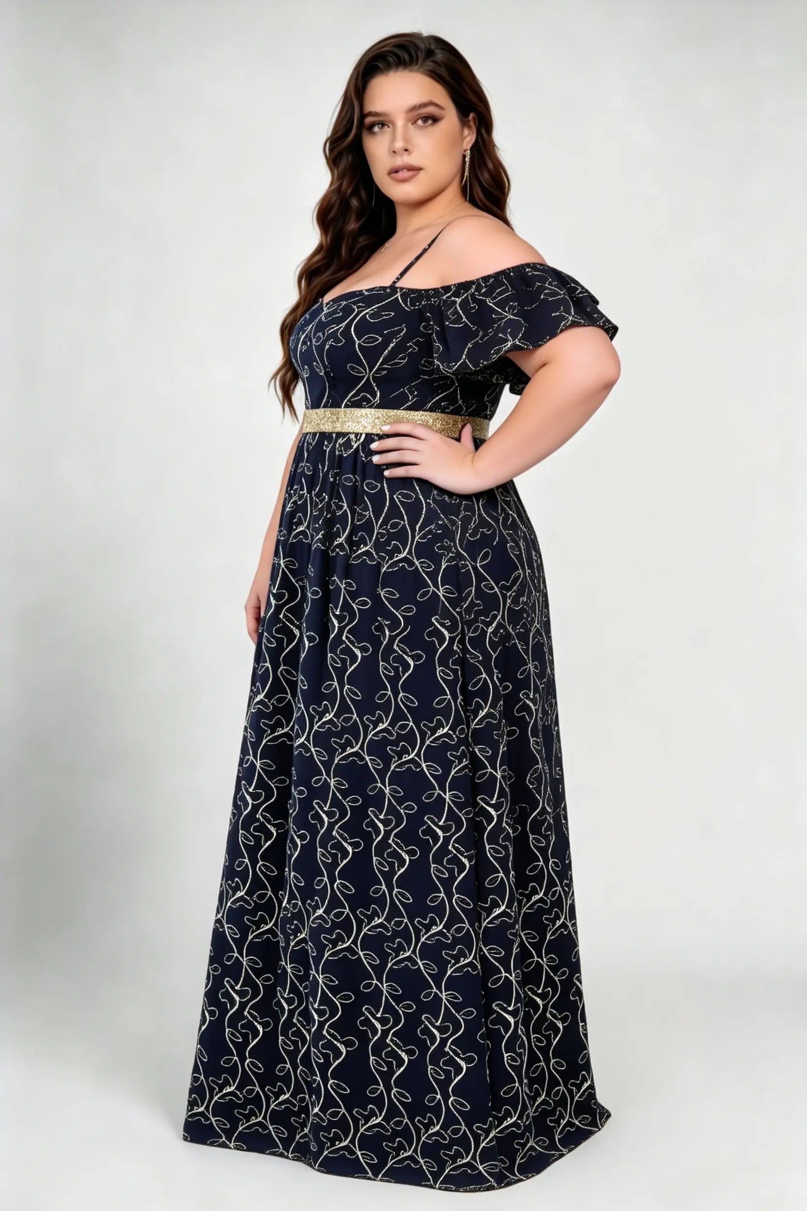 Plus Size Adjustable Spaghetti Strap Off Shoulder Ruffle Short Sleeve Gold Vine Print Glitter Waistband A Line Floor Length Evening Maxi Dress