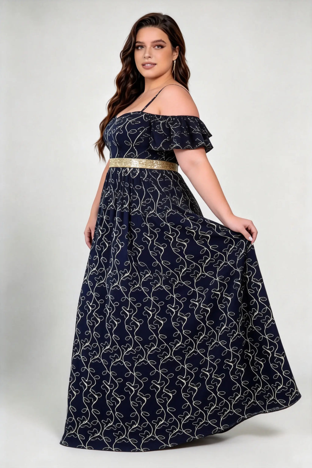 Plus Size Adjustable Spaghetti Strap Off Shoulder Ruffle Short Sleeve Gold Vine Print Glitter Waistband A Line Floor Length Evening Maxi Dress