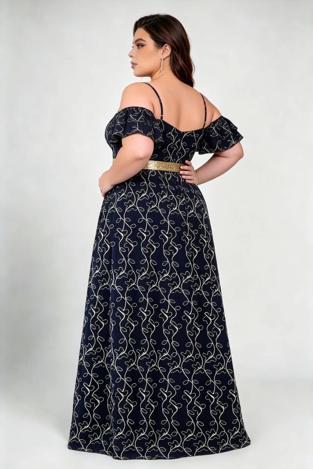Plus Size Adjustable Spaghetti Strap Off Shoulder Ruffle Short Sleeve Gold Vine Print Glitter Waistband A Line Floor Length Evening Maxi Dress