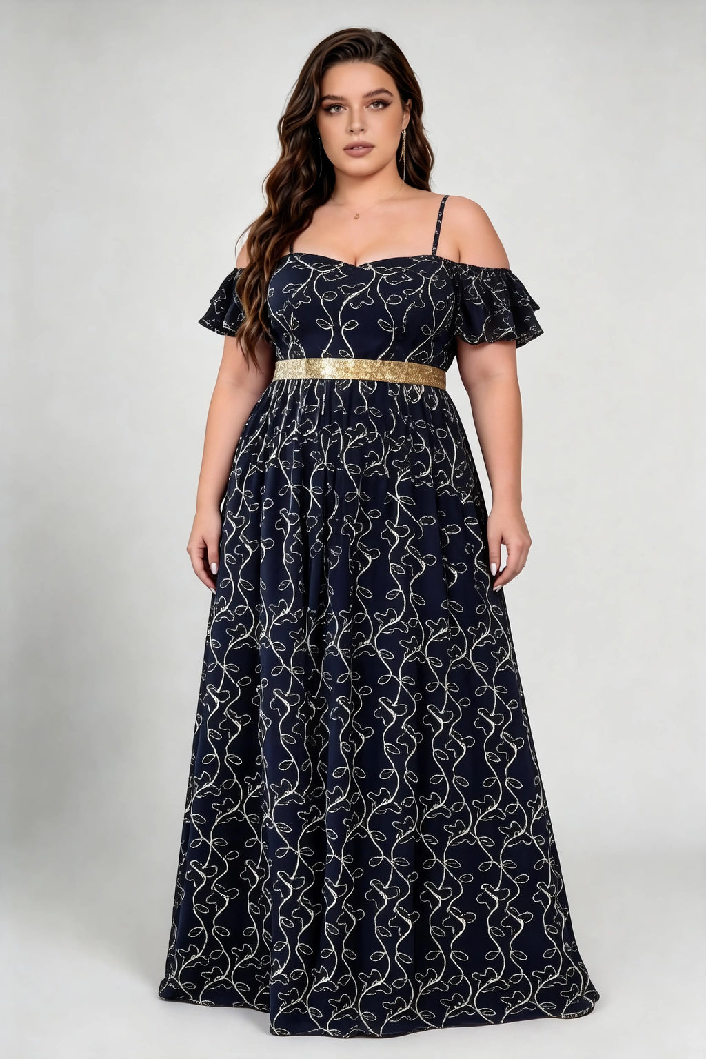 Plus Size Adjustable Spaghetti Strap Off Shoulder Ruffle Short Sleeve Gold Vine Print Glitter Waistband A Line Floor Length Evening Maxi Dress