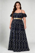 Plus Size Adjustable Spaghetti Strap Off Shoulder Ruffle Short Sleeve Gold Vine Print Glitter Waistband A Line Floor Length Evening Maxi Dress