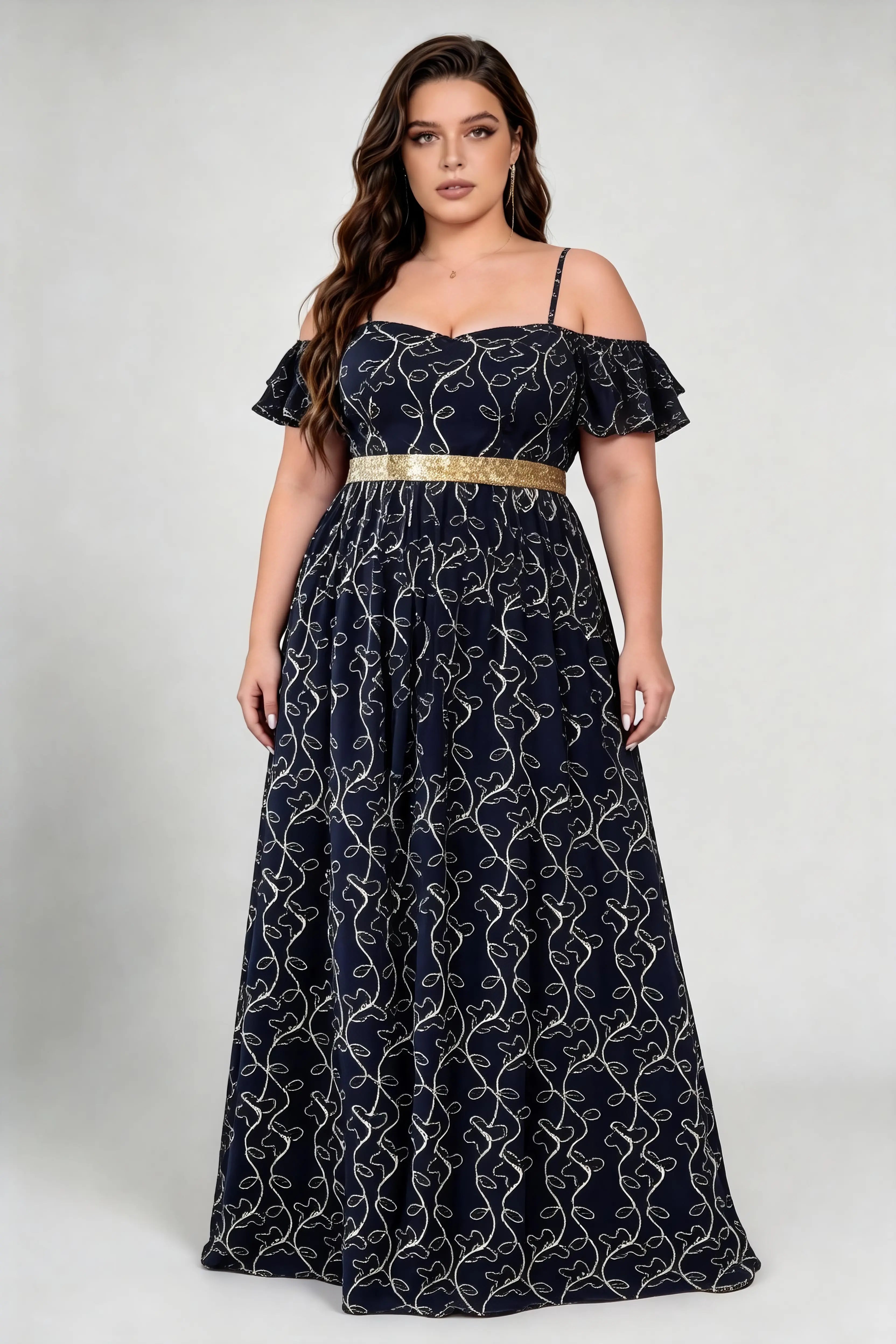 Plus Size Adjustable Spaghetti Strap Off Shoulder Ruffle Short Sleeve Gold Vine Print Glitter Waistband A Line Floor Length Evening Maxi Dress