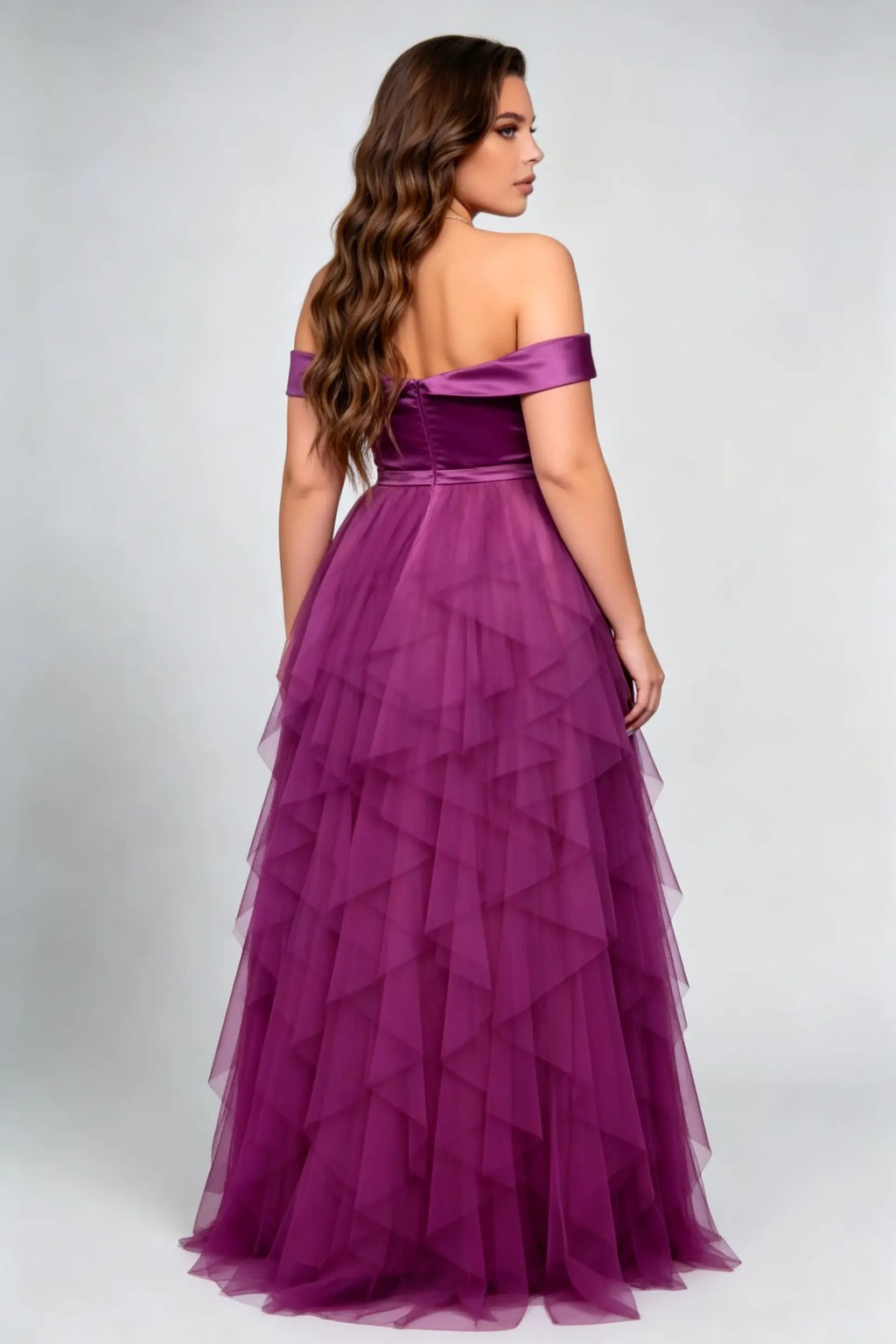 Plus Size Off Shoulder Satin Bodice Ruched Waist Multi Layer Irregular Ruffle Tulle Floor Length Bridesmaid Evening Maxi Dress
